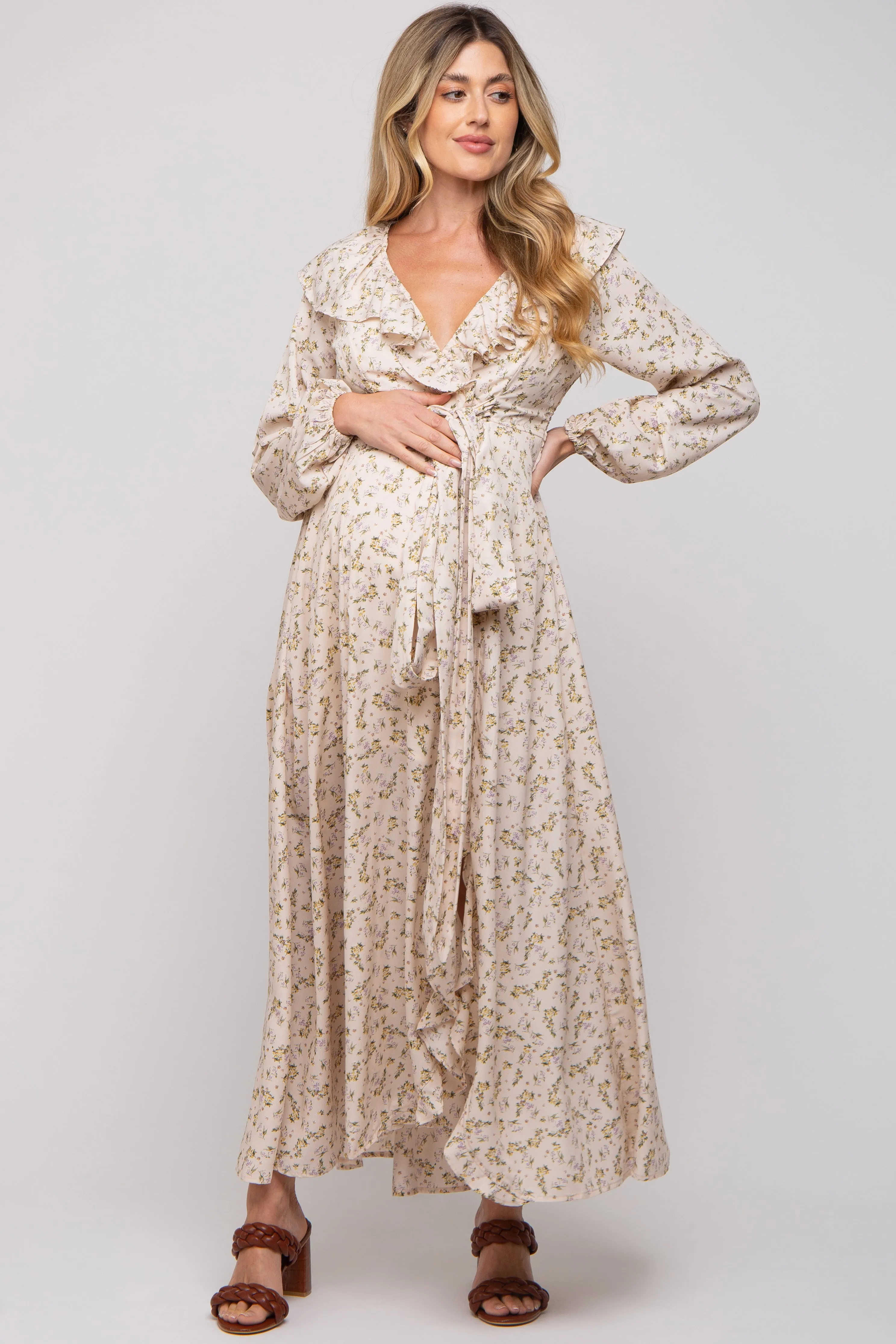 Cream Floral Ruffle V-Neck Wrap Front Maternity Maxi Dress sold by Pinkblush