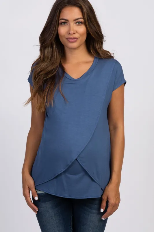 PinkBlush Blue Layered Wrap Front Maternity Nursing Top sold by Pinkblush