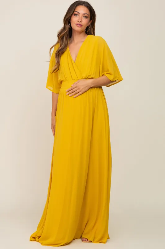 Yellow Chiffon V-Neck Smocked Waist Maternity Maxi Dress sold by Pinkblush
