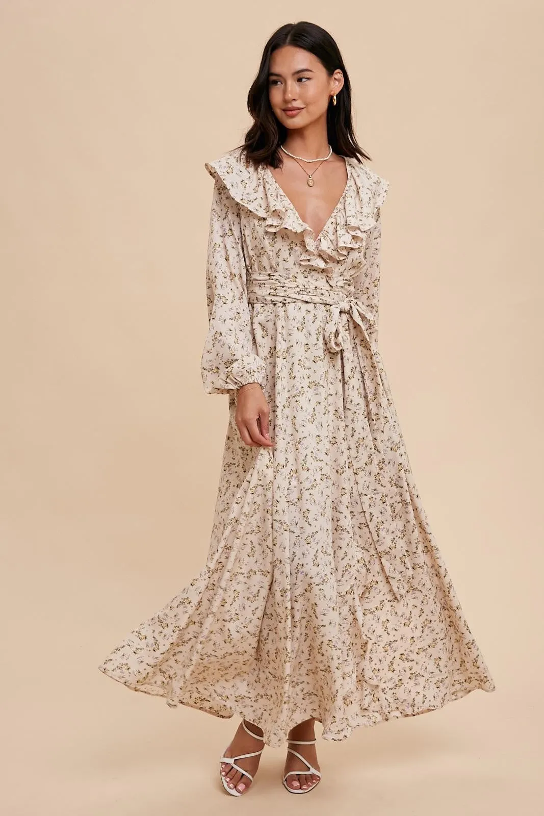 Cream Floral Ruffle V-Neck Wrap Front Maternity Maxi Dress sold by Pinkblush product image thumbnail 5