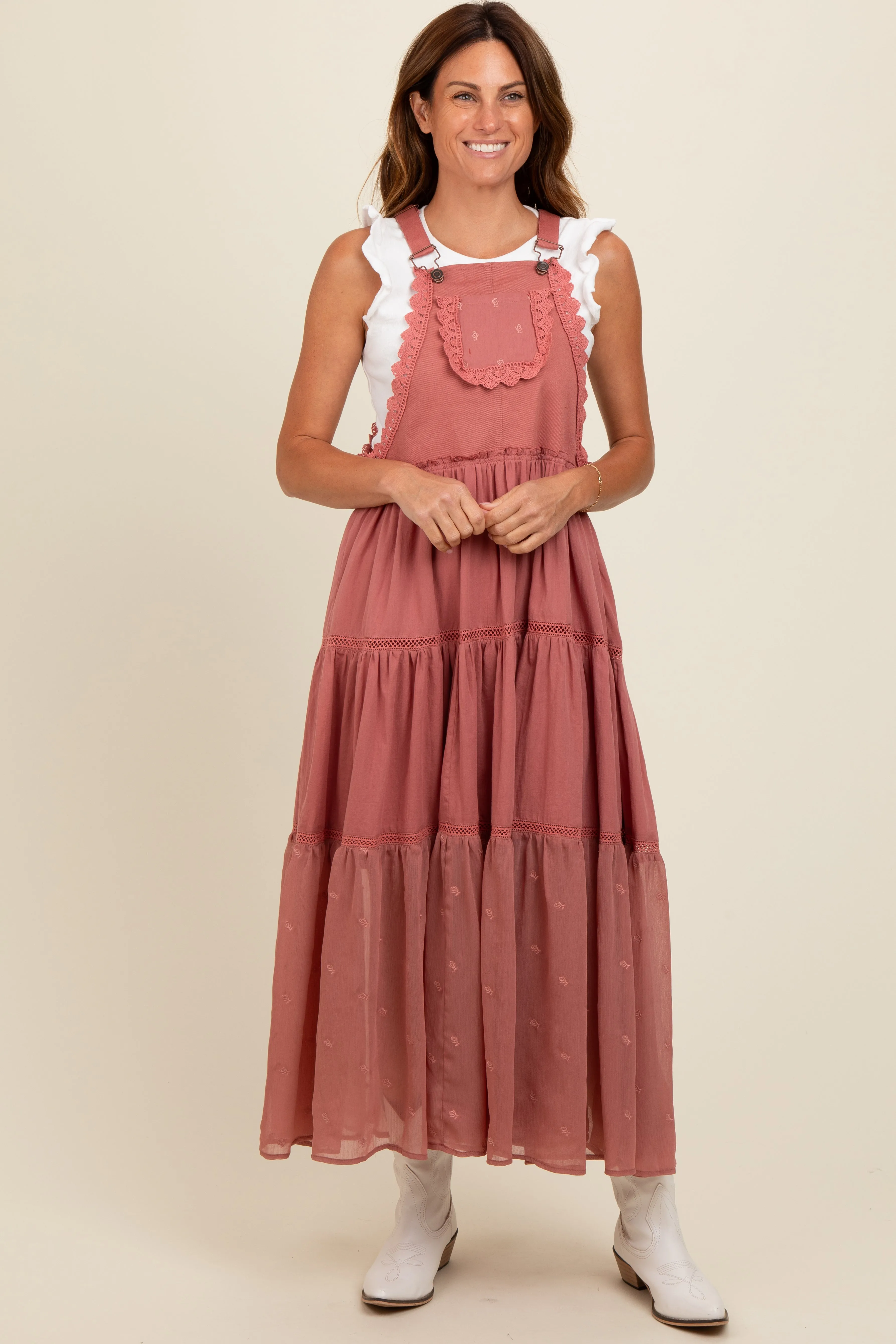 Mauve Overall Crochet Lace Tiered Dress sold by Pinkblush