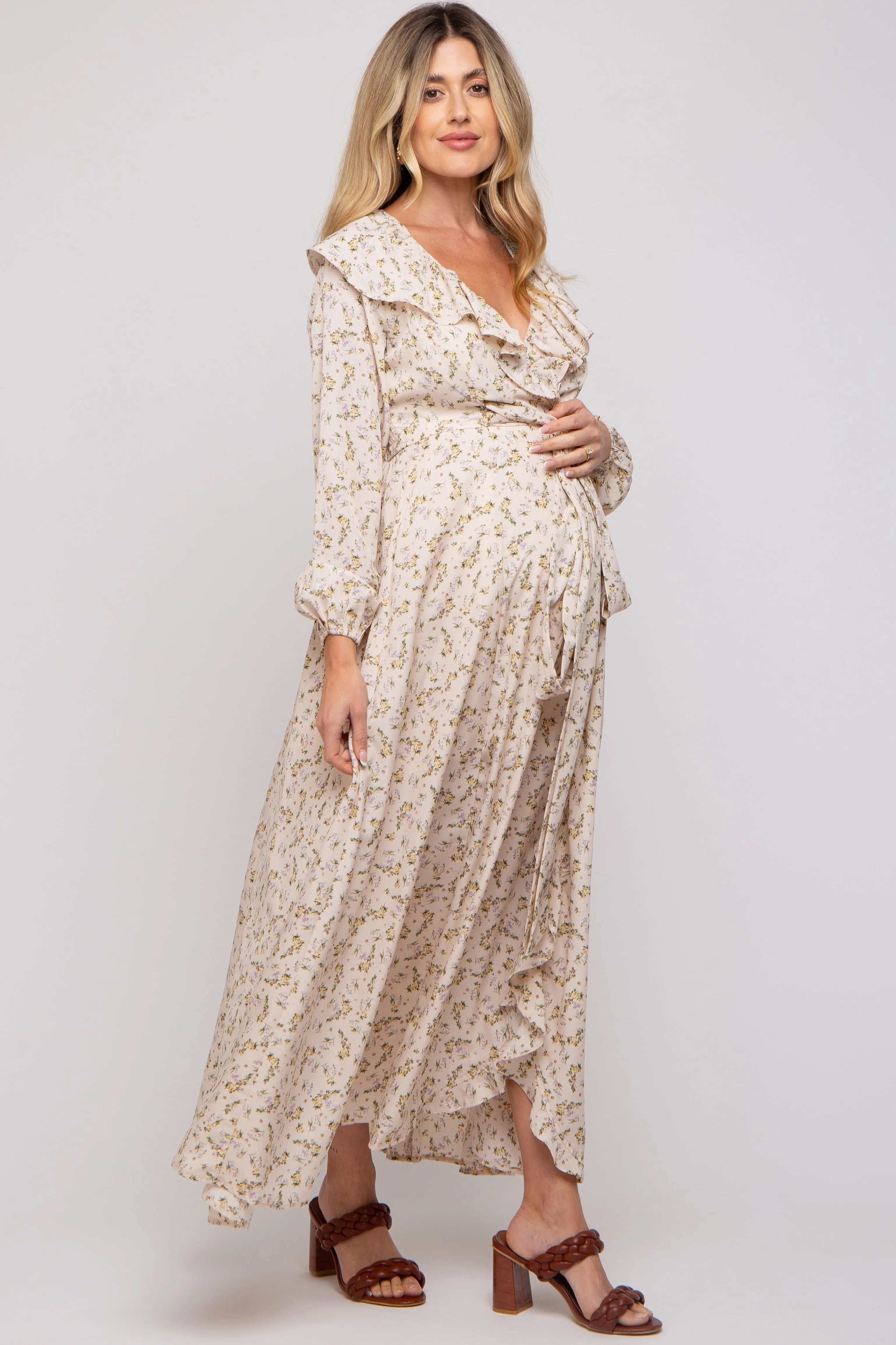 Cream Floral Ruffle V-Neck Wrap Front Maternity Maxi Dress sold by Pinkblush product image thumbnail 3