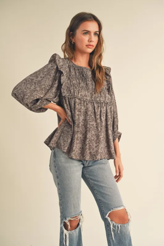 Grey Mocha Floral Ruffle Blouse sold by Pinkblush