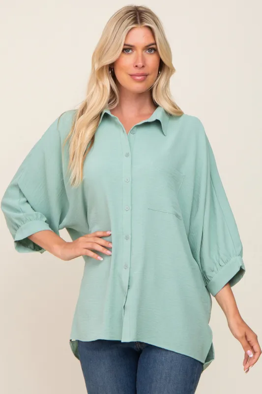 Mint Green Button Down 3/4 Sleeve Top sold by Pinkblush
