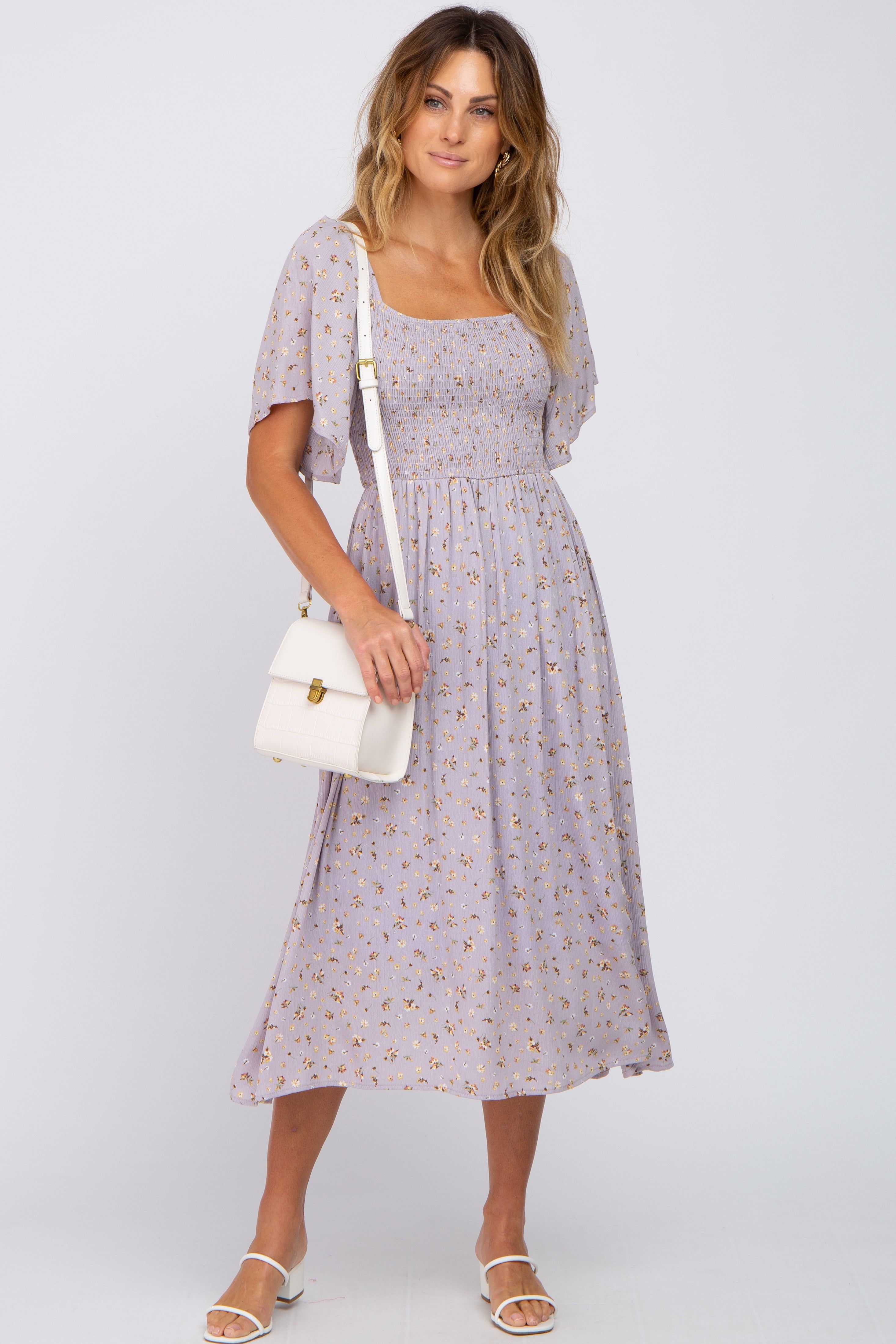 Lavender Floral Smocked Midi Dress sold by Pinkblush