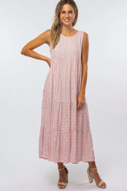 Mauve Striped Tiered Midi Dress sold by Pinkblush