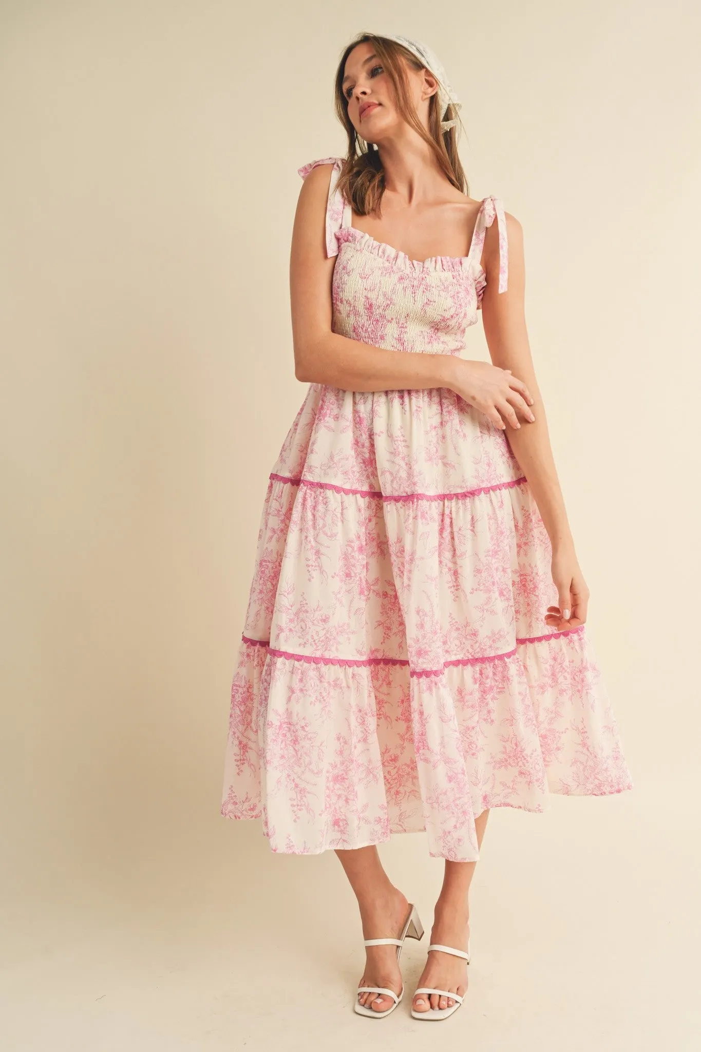 Pink Floral Sleeveless Ruffle Tiered Midi Dress sold by Pinkblush product image thumbnail 2