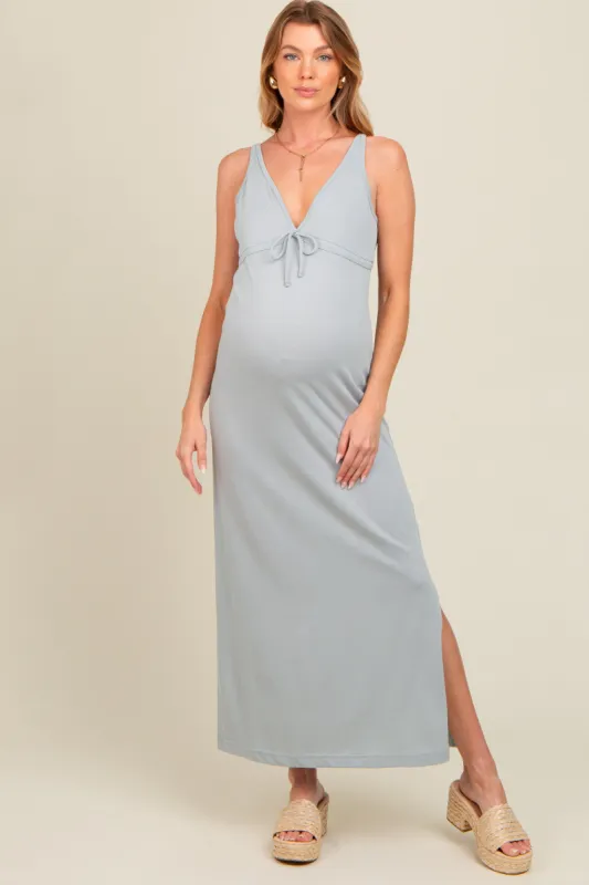 Light Blue V-Neck Side Slit Maternity Maxi Dress sold by Pinkblush