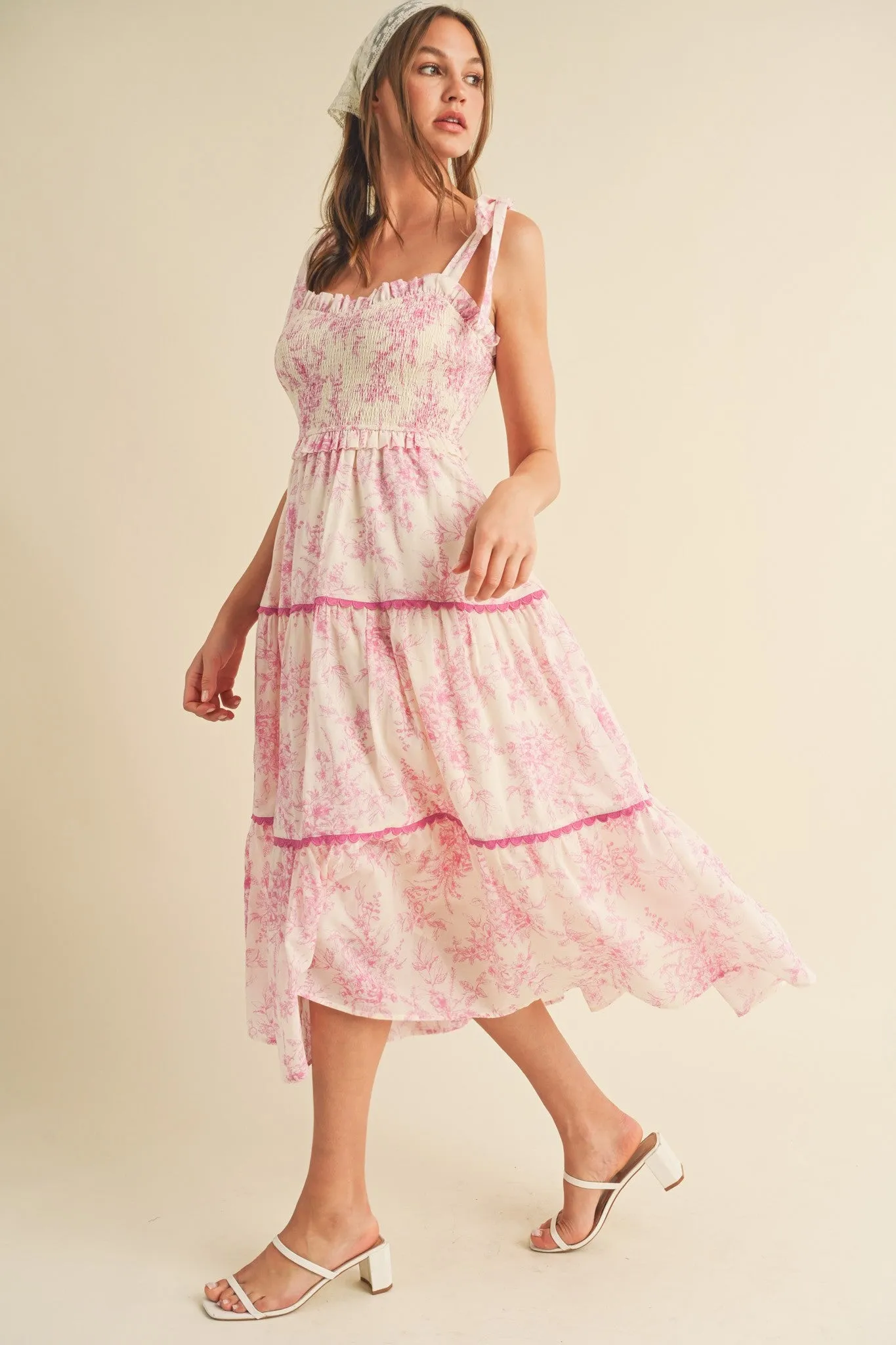 Pink Floral Sleeveless Ruffle Tiered Midi Dress sold by Pinkblush