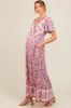 Pink Floral Border Printed Woven Short Sleeve V-Neck Maternity Maxi Dress sold by Pinkblush