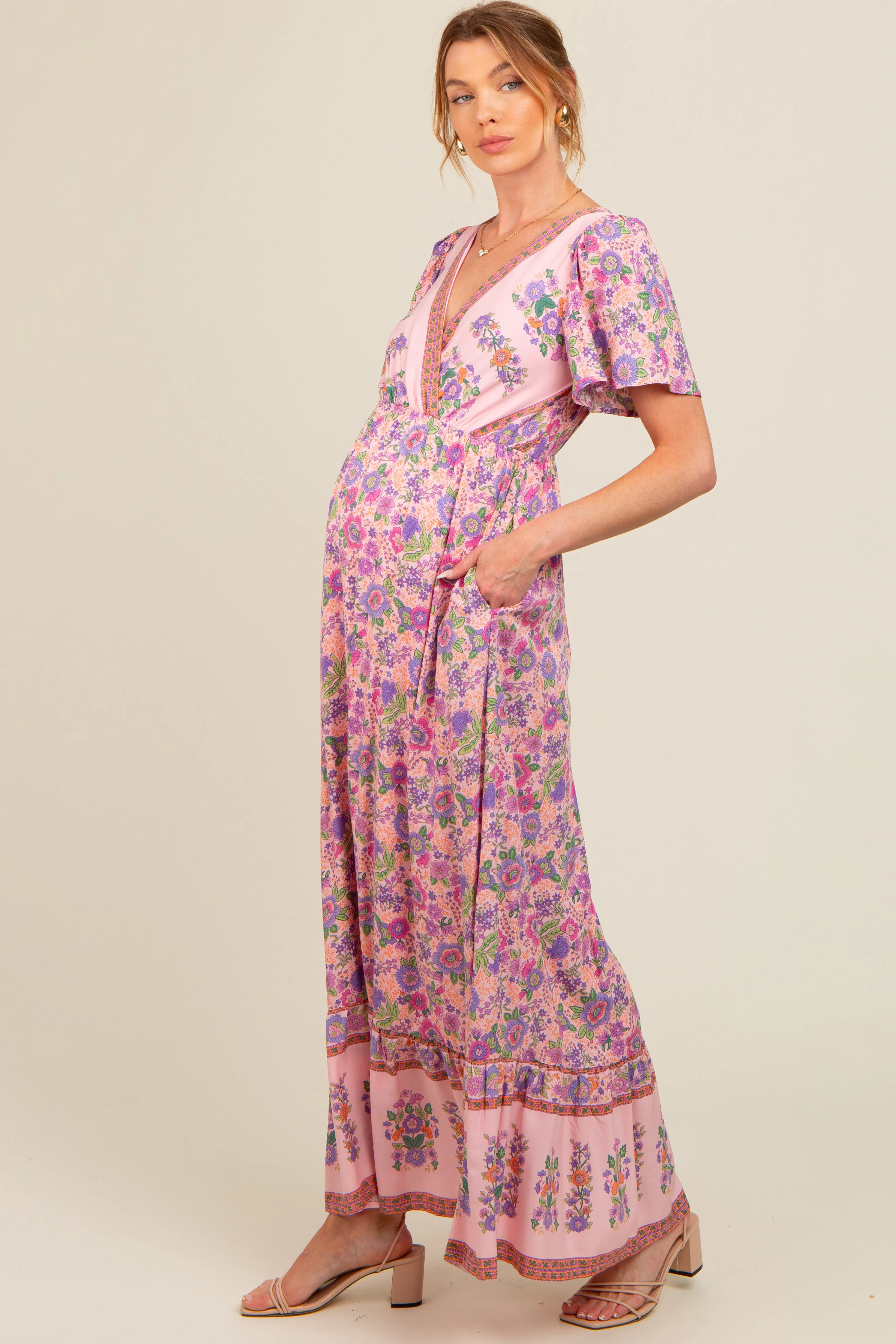 Pink Floral Border Printed Woven Short Sleeve V-Neck Maternity Maxi Dress sold by Pinkblush product image thumbnail 3