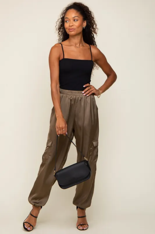 Olive Satin Cargo Jogger Pants sold by Pinkblush