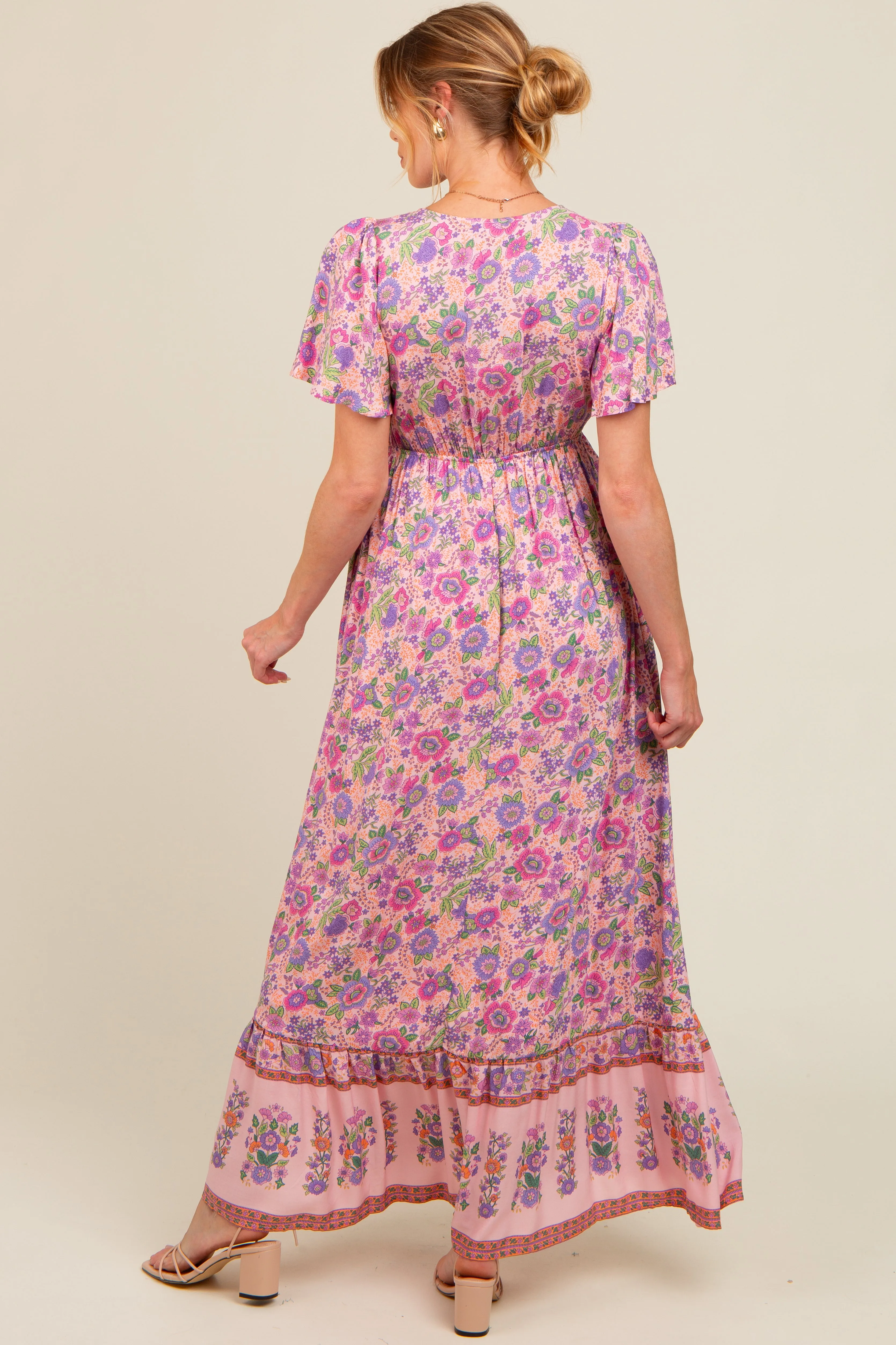 Pink Floral Border Printed Woven Short Sleeve V-Neck Maternity Maxi Dress sold by Pinkblush product image thumbnail 4
