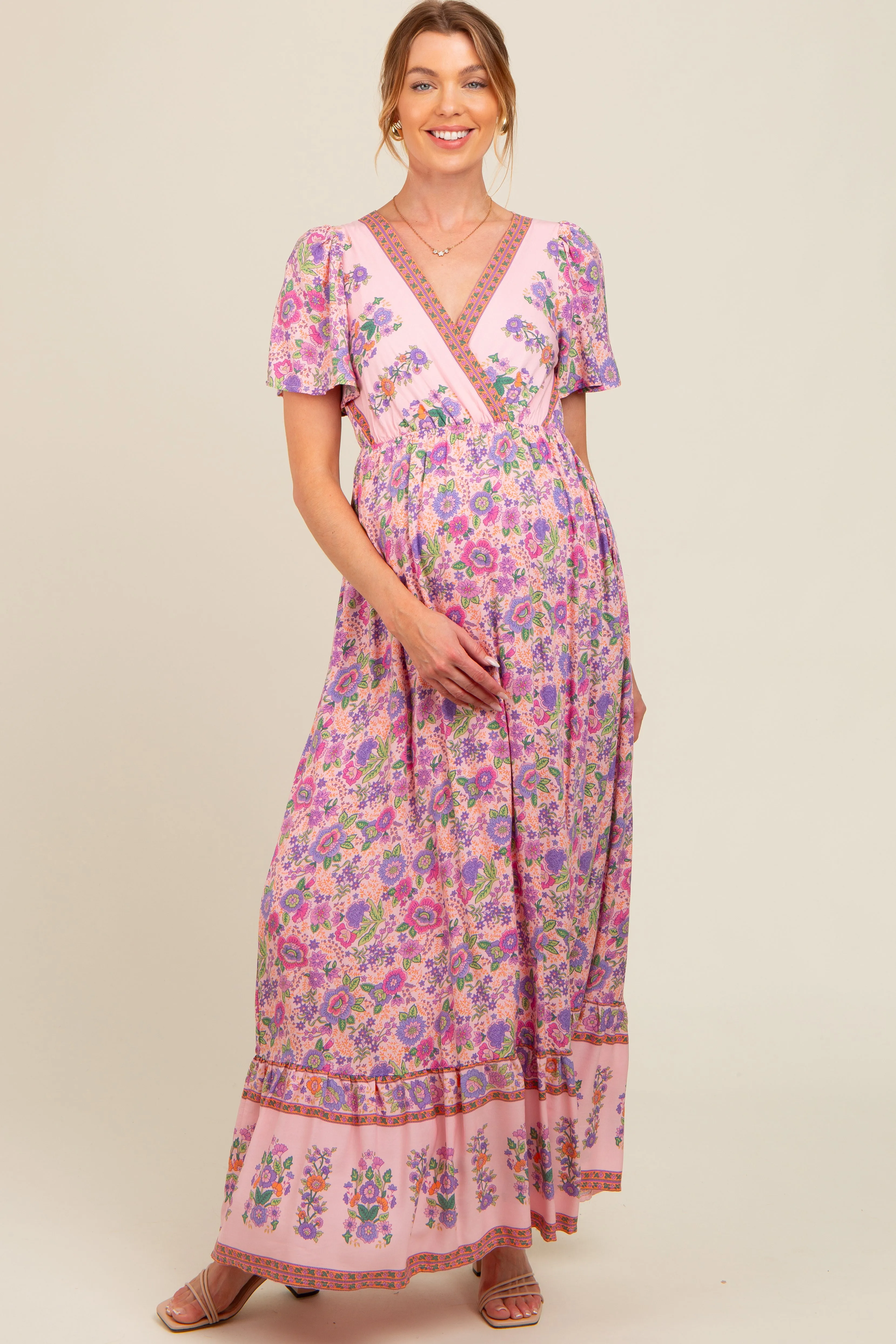 Pink Floral Border Printed Woven Short Sleeve V-Neck Maternity Maxi Dress sold by Pinkblush