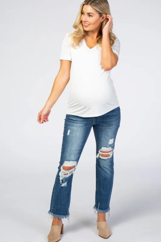 Medium Wash Distressed Frayed Hem Maternity Jeans sold by Pinkblush