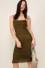 Olive Ruched Mesh Square Neck Midi Dress sold by Pinkblush