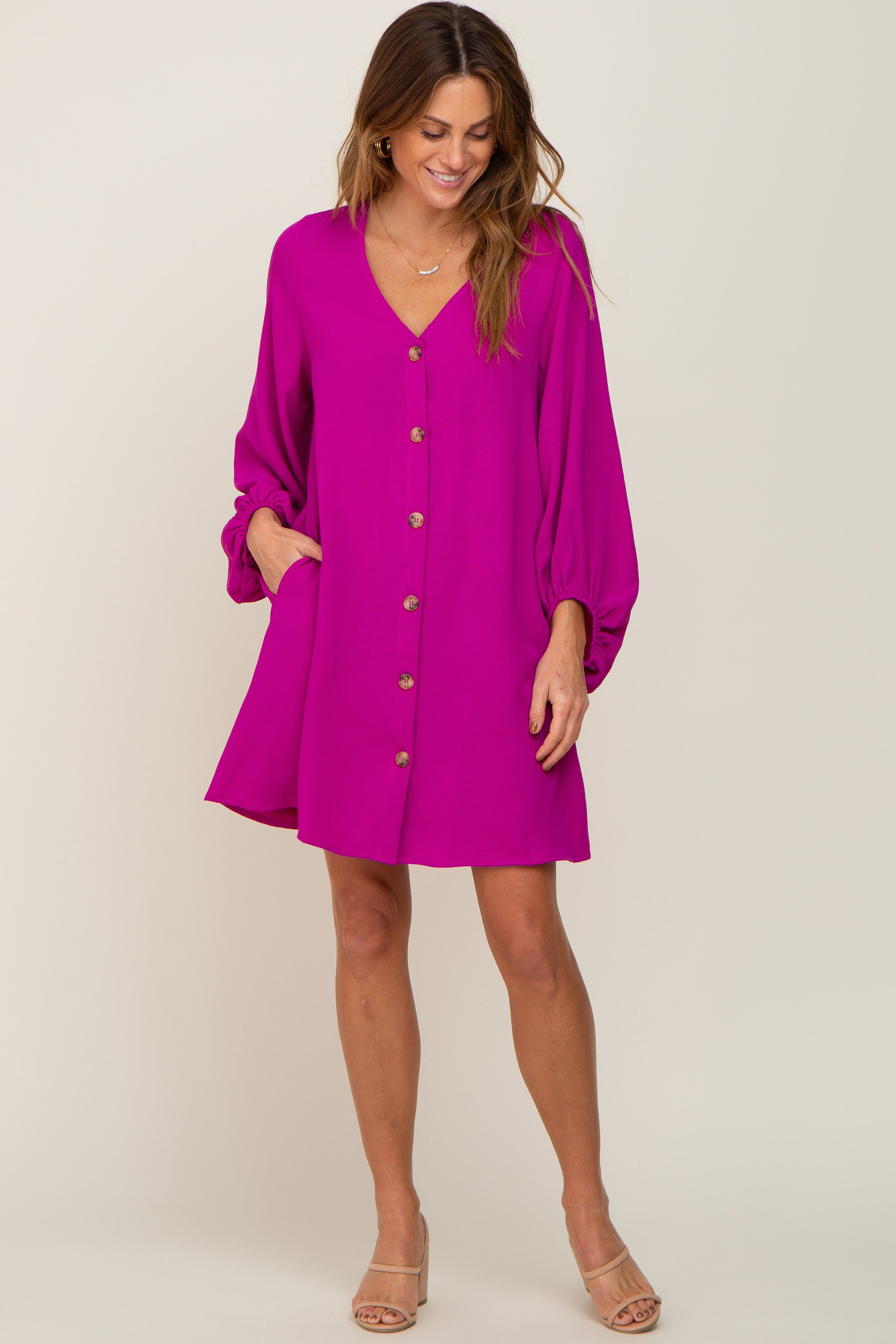 Magenta Button Front Balloon Sleeve Dress sold by Pinkblush product image thumbnail 4