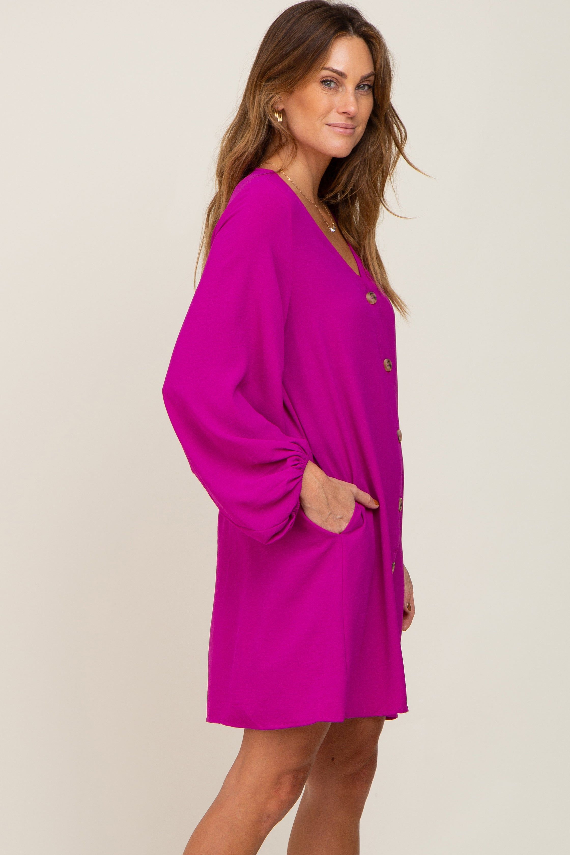 Magenta Button Front Balloon Sleeve Dress sold by Pinkblush product image thumbnail 2