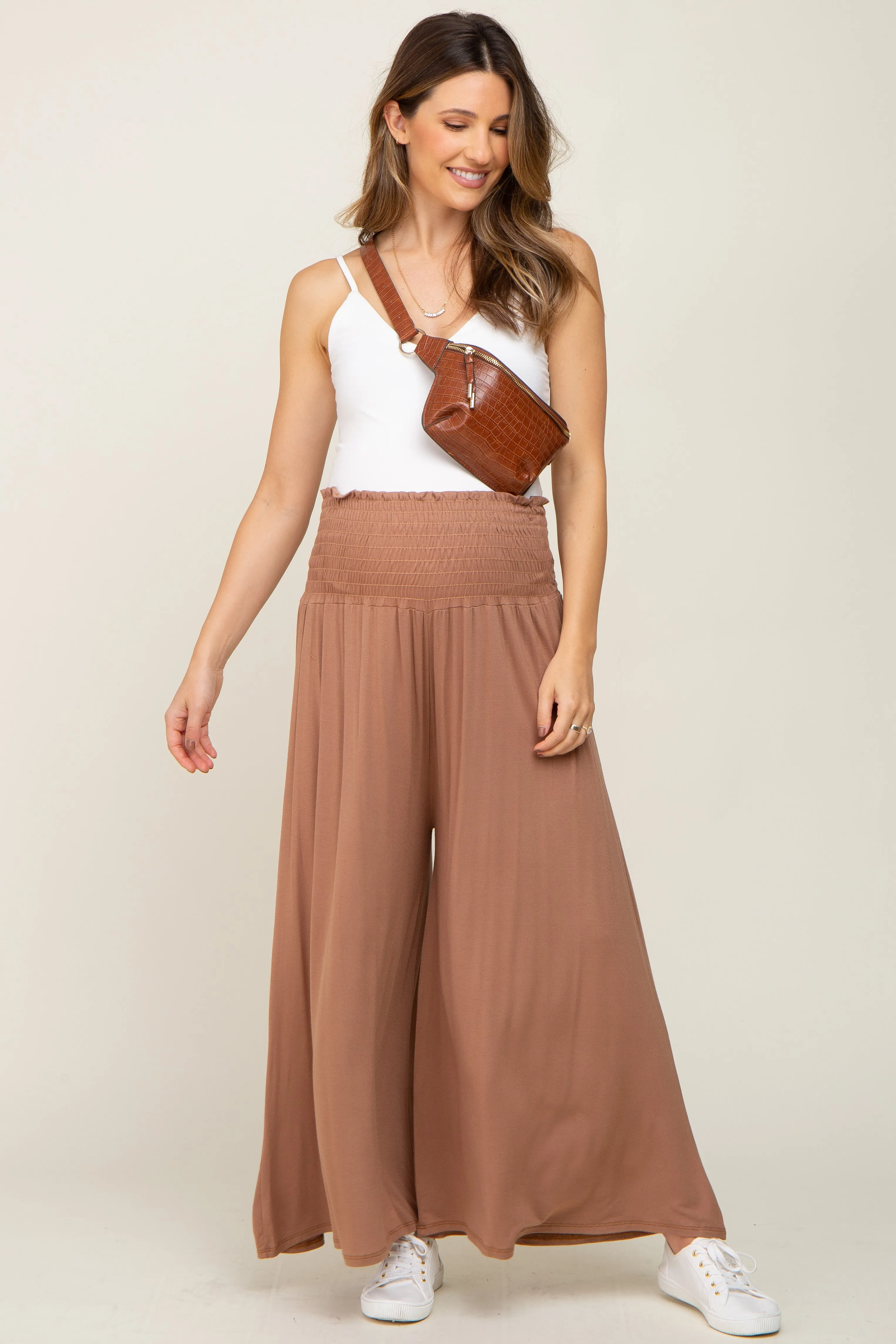 Mocha Smocked Wide Leg Maternity Pants sold by Pinkblush