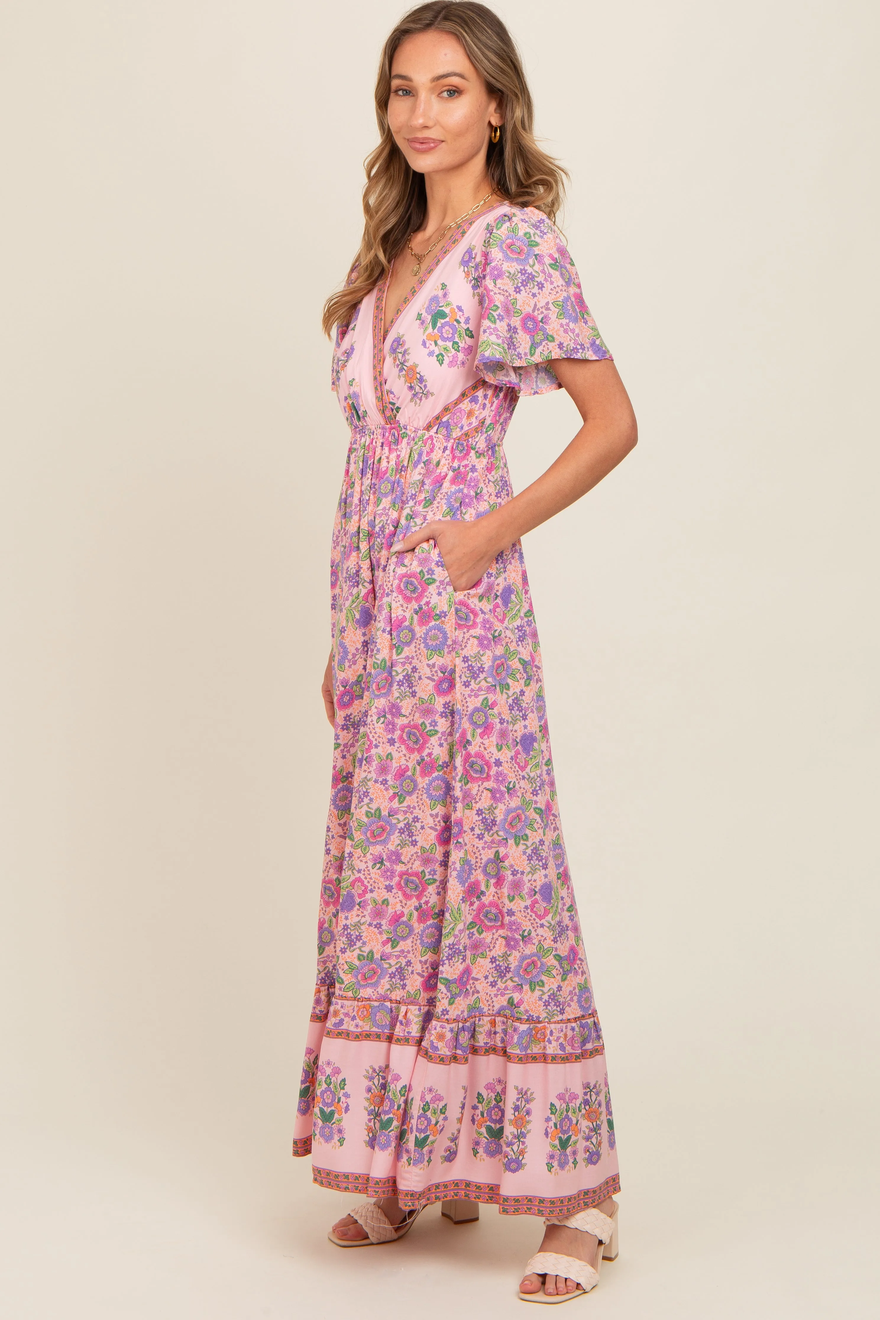 Pink Floral Border Printed Woven Short Sleeve V-Neck Maternity Maxi Dress sold by Pinkblush product image thumbnail 5