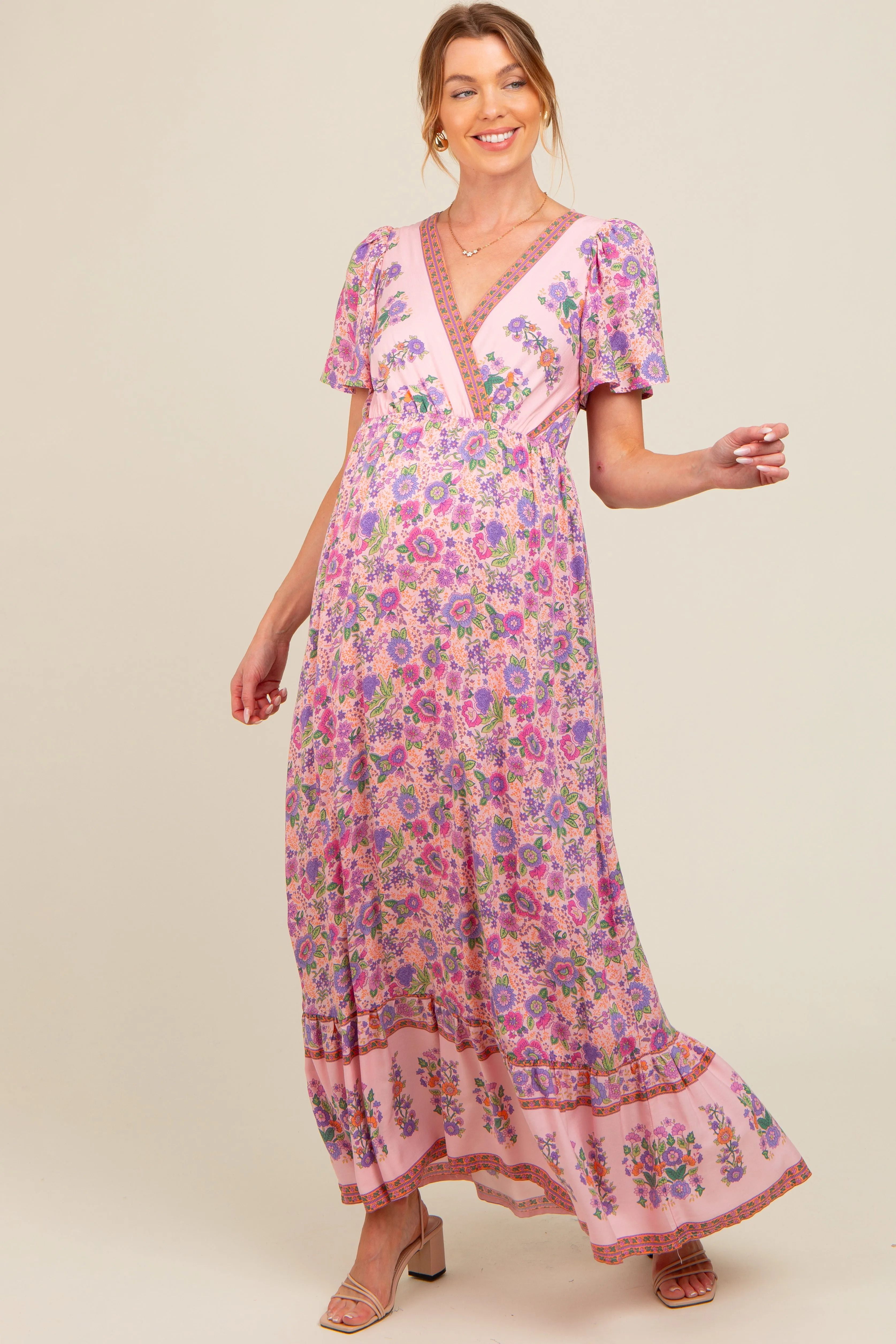 Pink Floral Border Printed Woven Short Sleeve V-Neck Maternity Maxi Dress sold by Pinkblush product image thumbnail 2