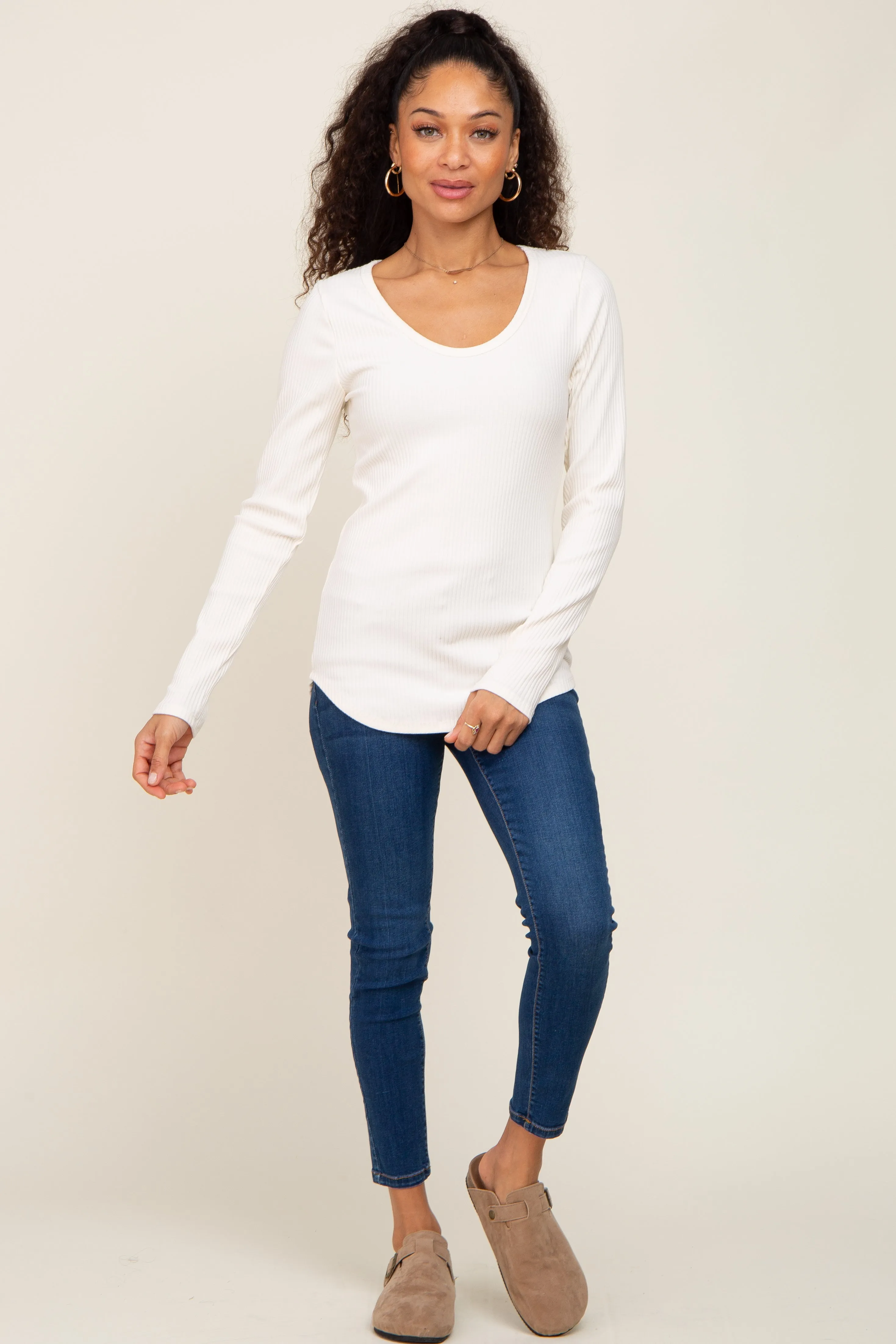 Ivory Ribbed Scoop Neck Long Sleeve Top sold by Pinkblush product image thumbnail 4