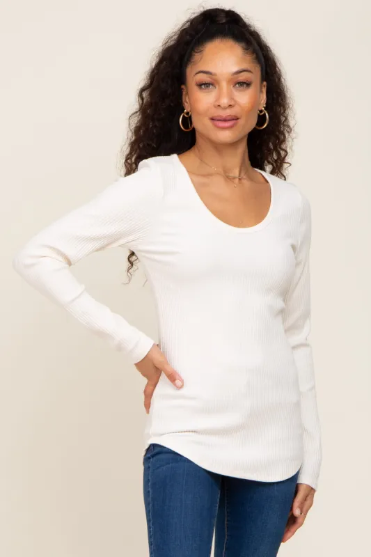 Ivory Ribbed Scoop Neck Long Sleeve Top sold by Pinkblush