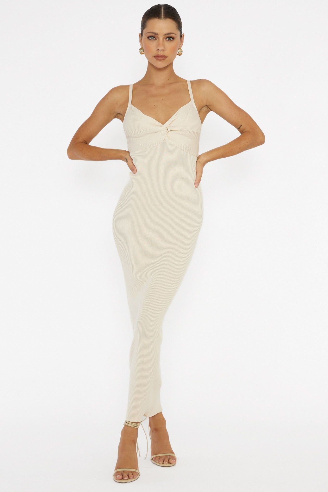 Cream Sleeveless Ribbed Front Twist Maxi Dress sold by Pinkblush