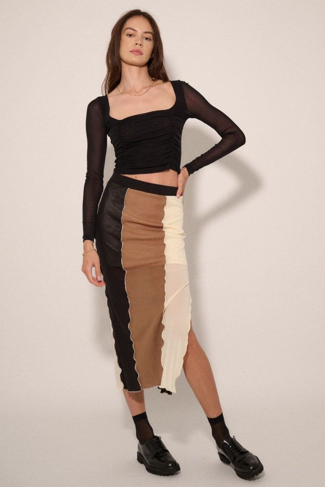 Black Solid Sheer Square Neck Ruched Bodice Crop Top sold by Pinkblush product image thumbnail 4