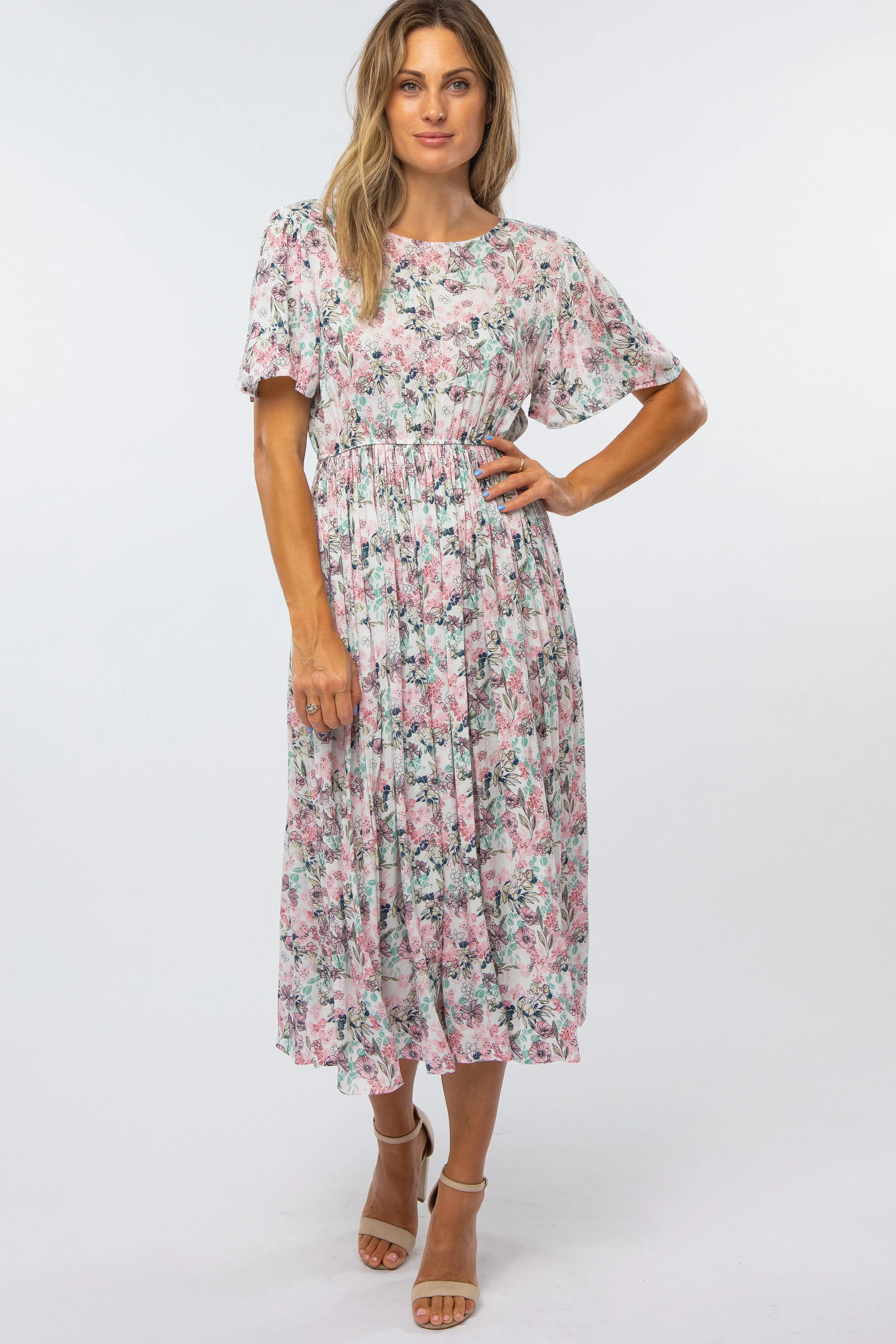 Pink Floral Pleated Maternity Midi Dress sold by Pinkblush product image thumbnail 4
