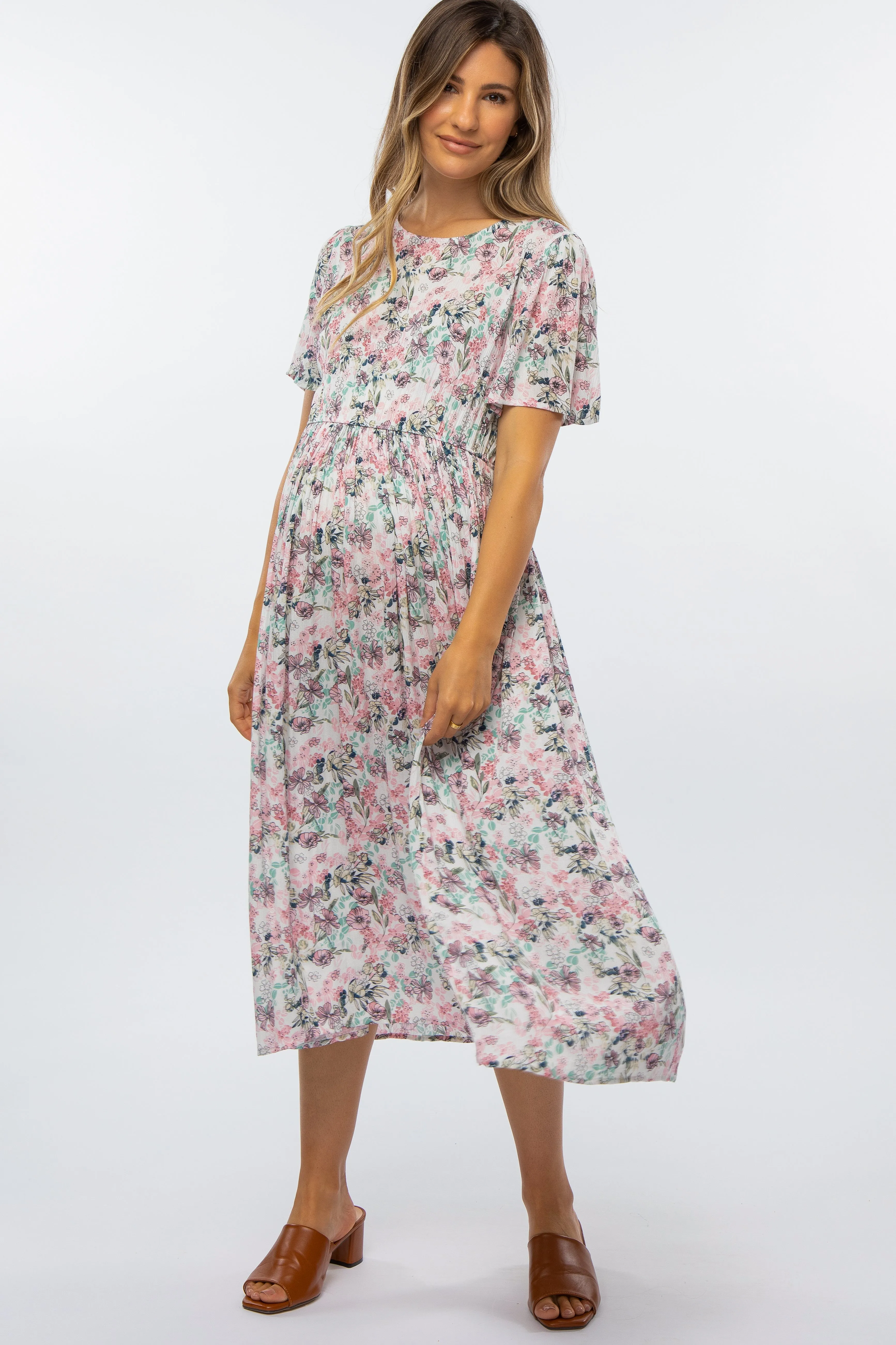 Pink Floral Pleated Maternity Midi Dress sold by Pinkblush