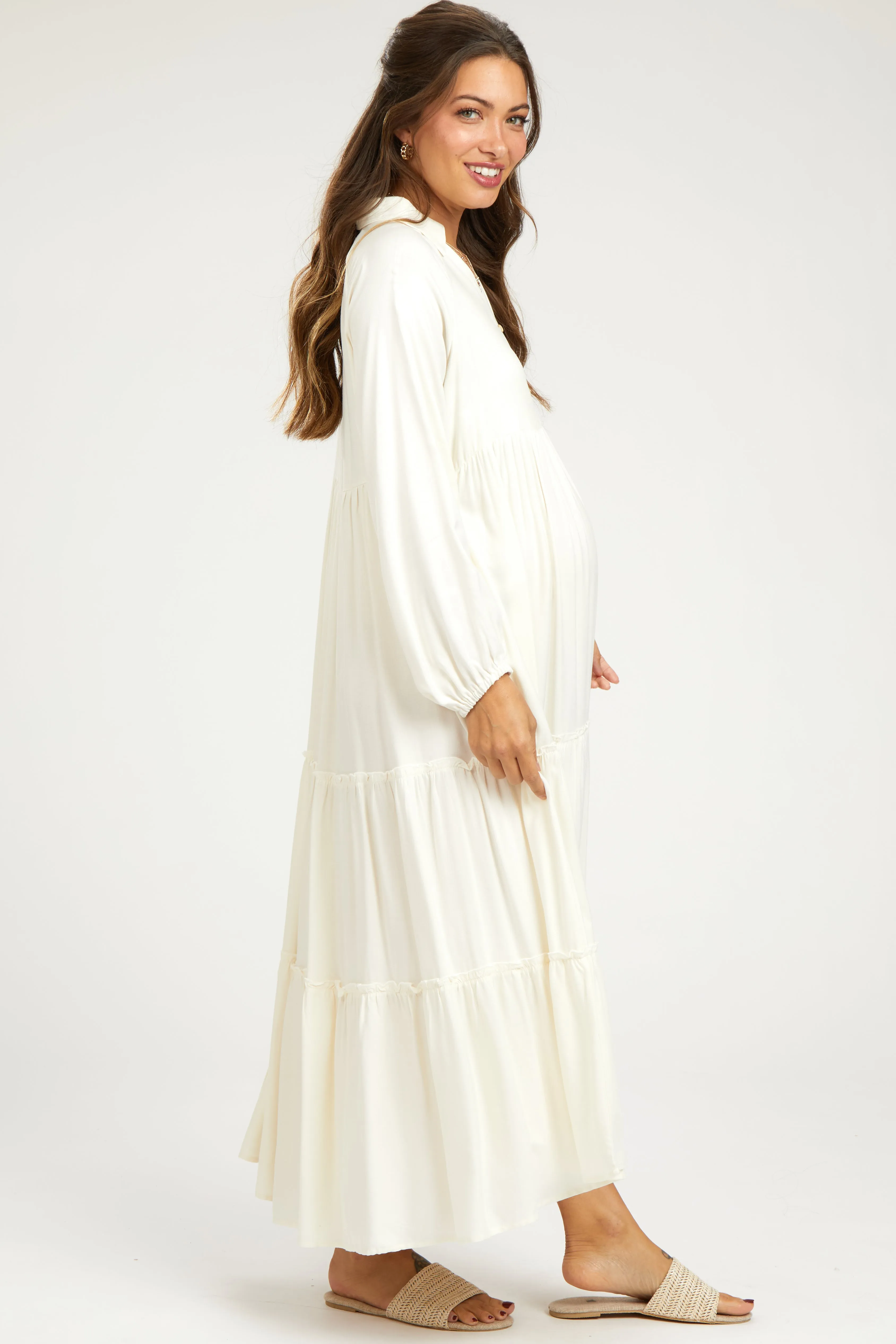 Ivory Button Front V-Neck Ruffle Tiered Maternity Midi Dress sold by Pinkblush product image thumbnail 2