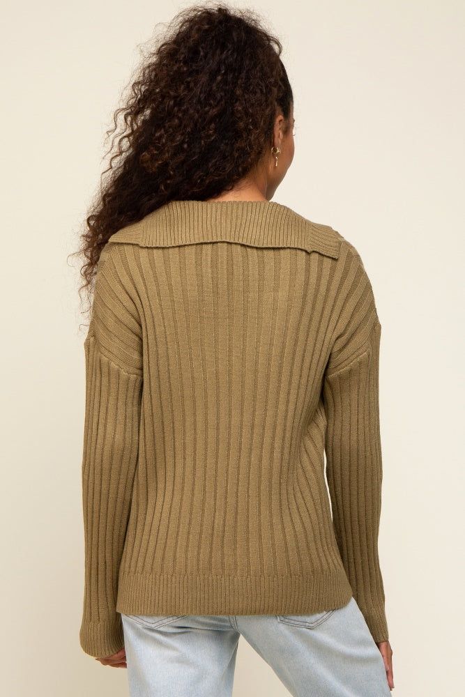 Olive Ribbed Knit Collared Long Sleeve Top sold by Pinkblush product image thumbnail 3