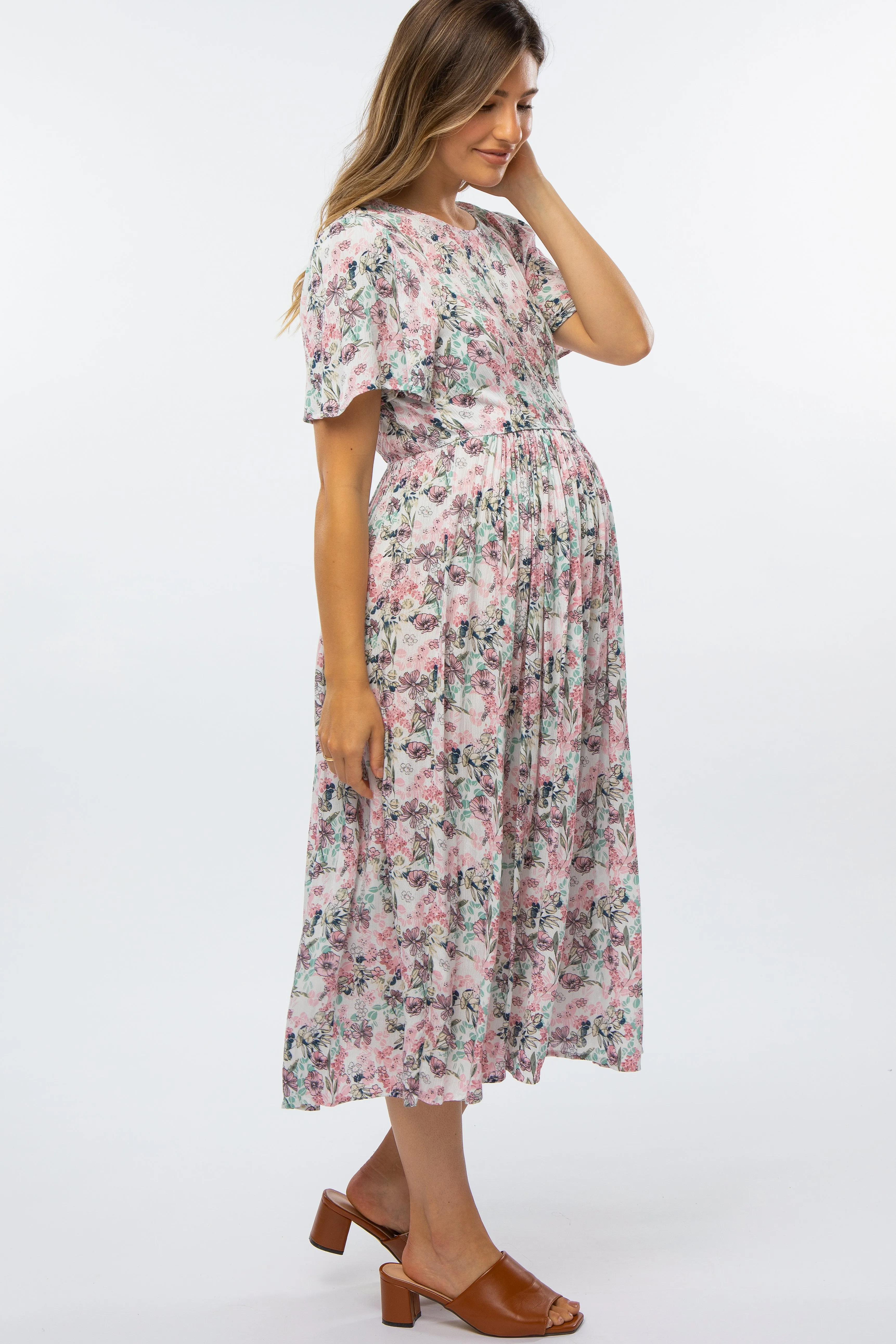 Pink Floral Pleated Maternity Midi Dress sold by Pinkblush product image thumbnail 2