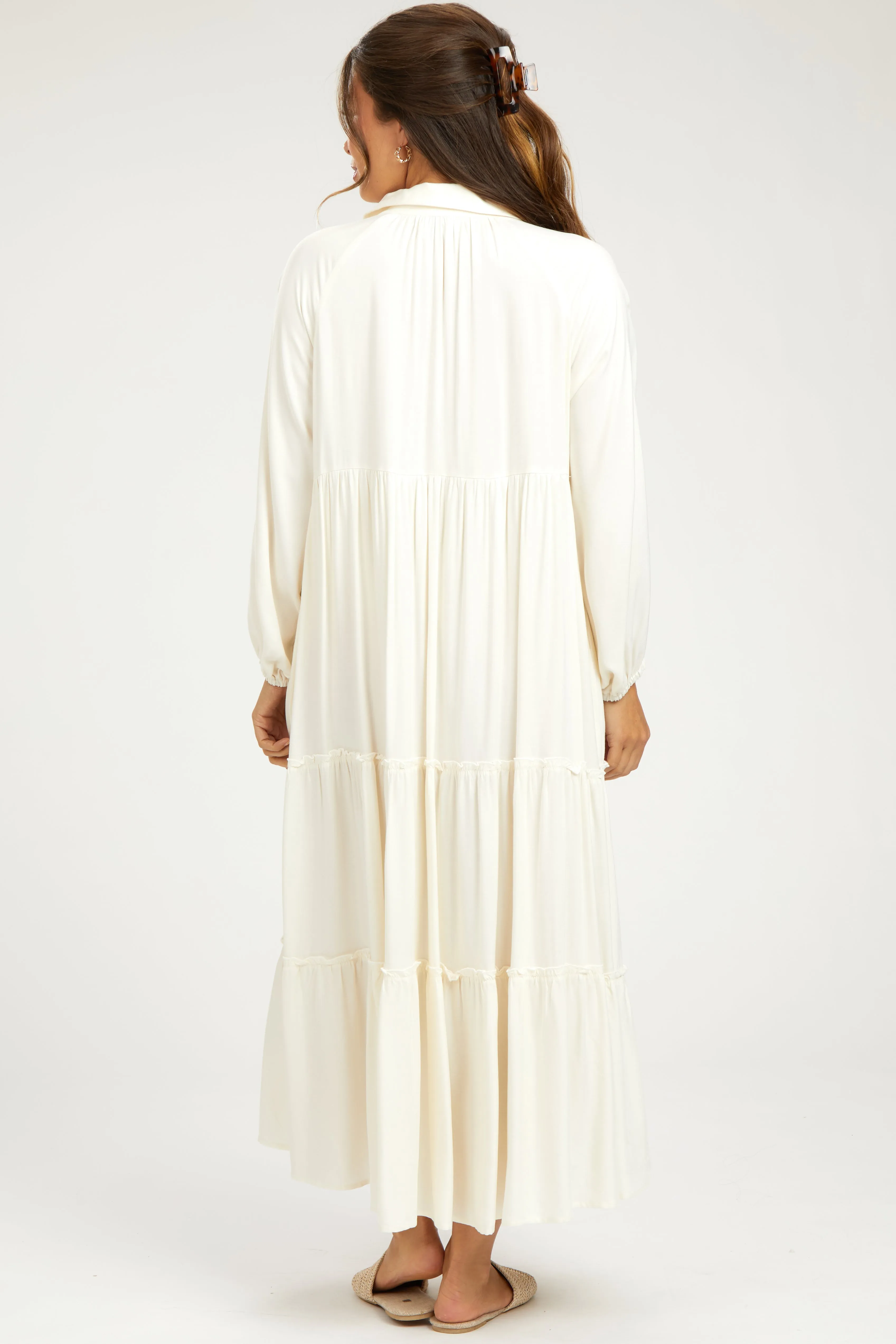 Ivory Button Front V-Neck Ruffle Tiered Maternity Midi Dress sold by Pinkblush product image thumbnail 3