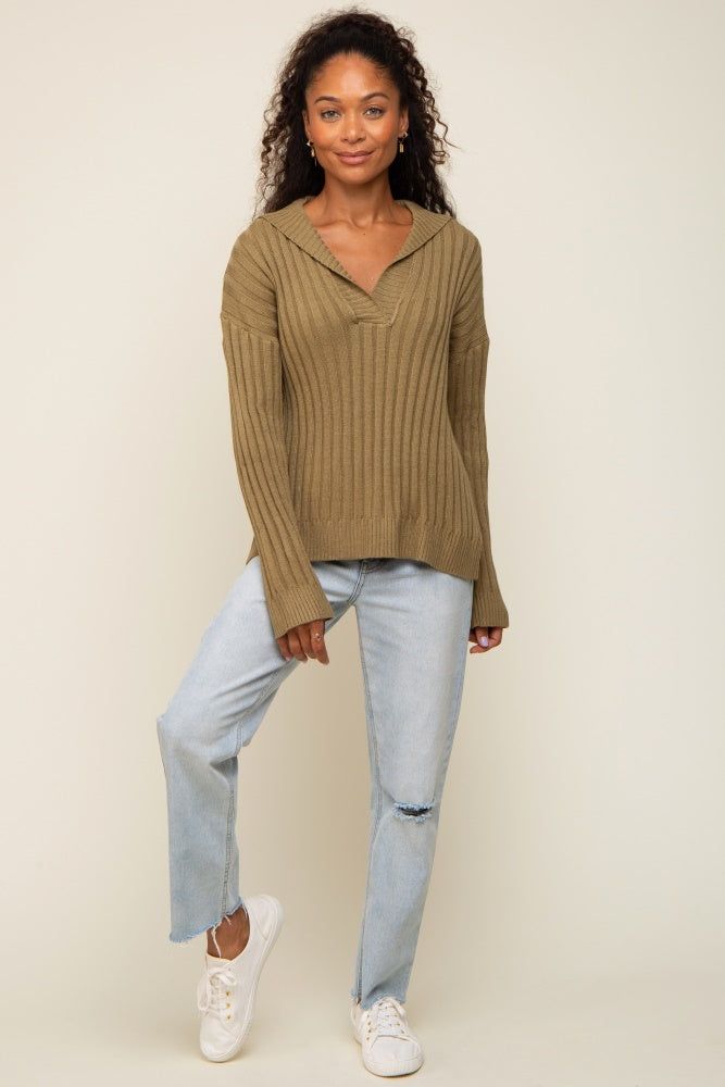Olive Ribbed Knit Collared Long Sleeve Top sold by Pinkblush product image thumbnail 4