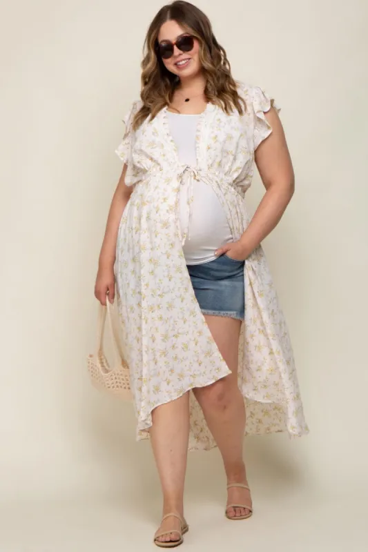 Cream Floral Crochet Front Tie Maternity Plus Coverup sold by Pinkblush