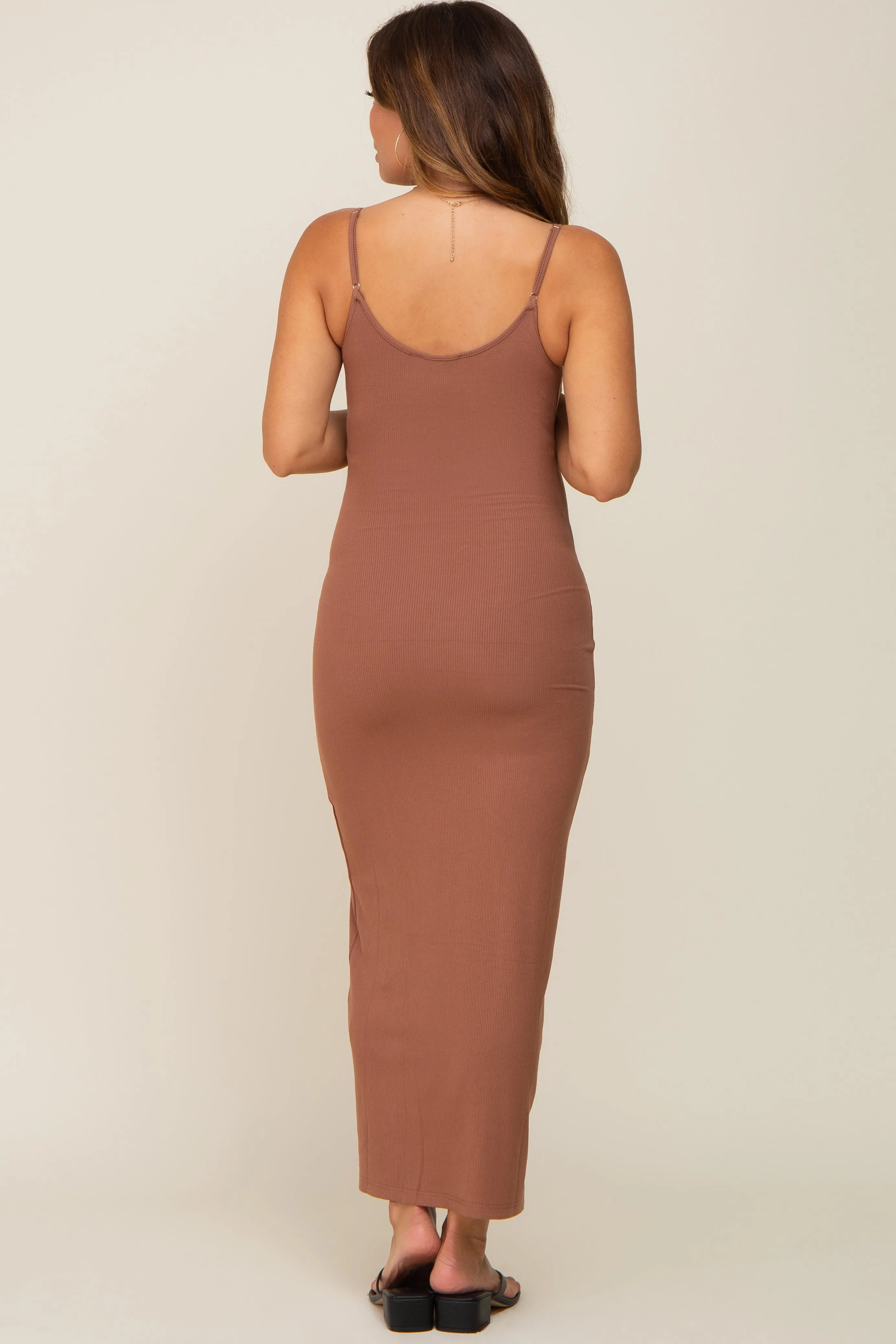 Brown Ribbed Basic Maternity Midi Dress sold by Pinkblush product image thumbnail 3