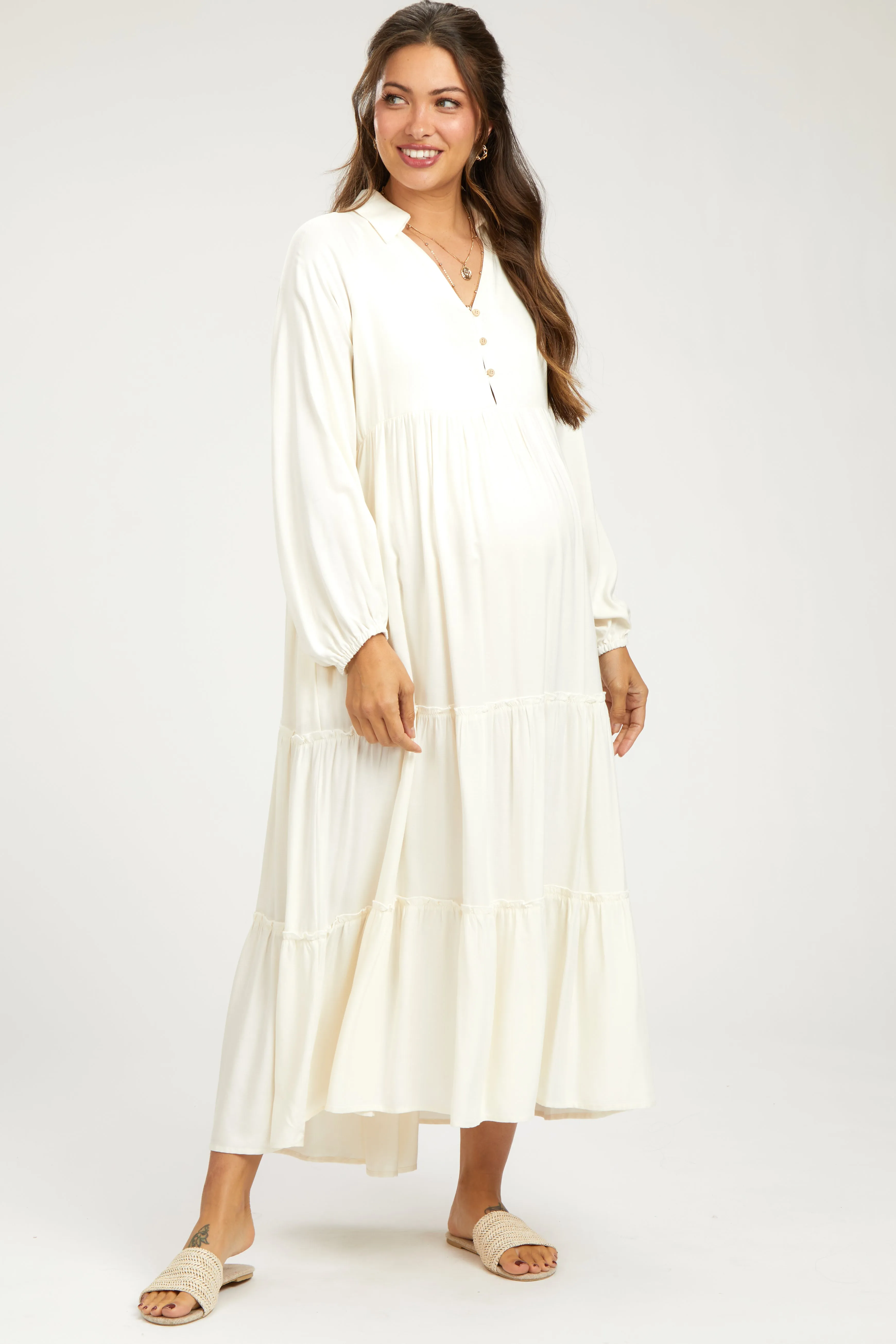 Ivory Button Front V-Neck Ruffle Tiered Maternity Midi Dress sold by Pinkblush