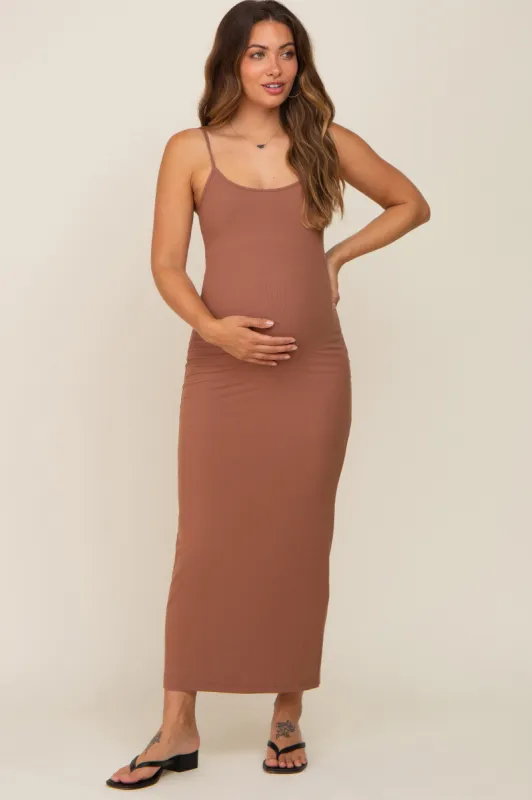 Brown Ribbed Basic Maternity Midi Dress sold by Pinkblush