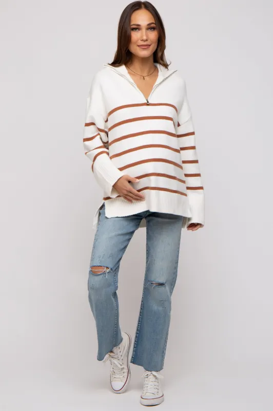 Camel Striped Half Zip Maternity Knit Pullover sold by Pinkblush
