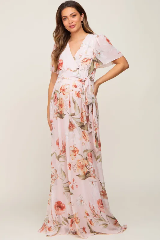 Pink Floral Chiffon Wrap Front Short Sleeve Maternity Maxi Dress sold by Pinkblush