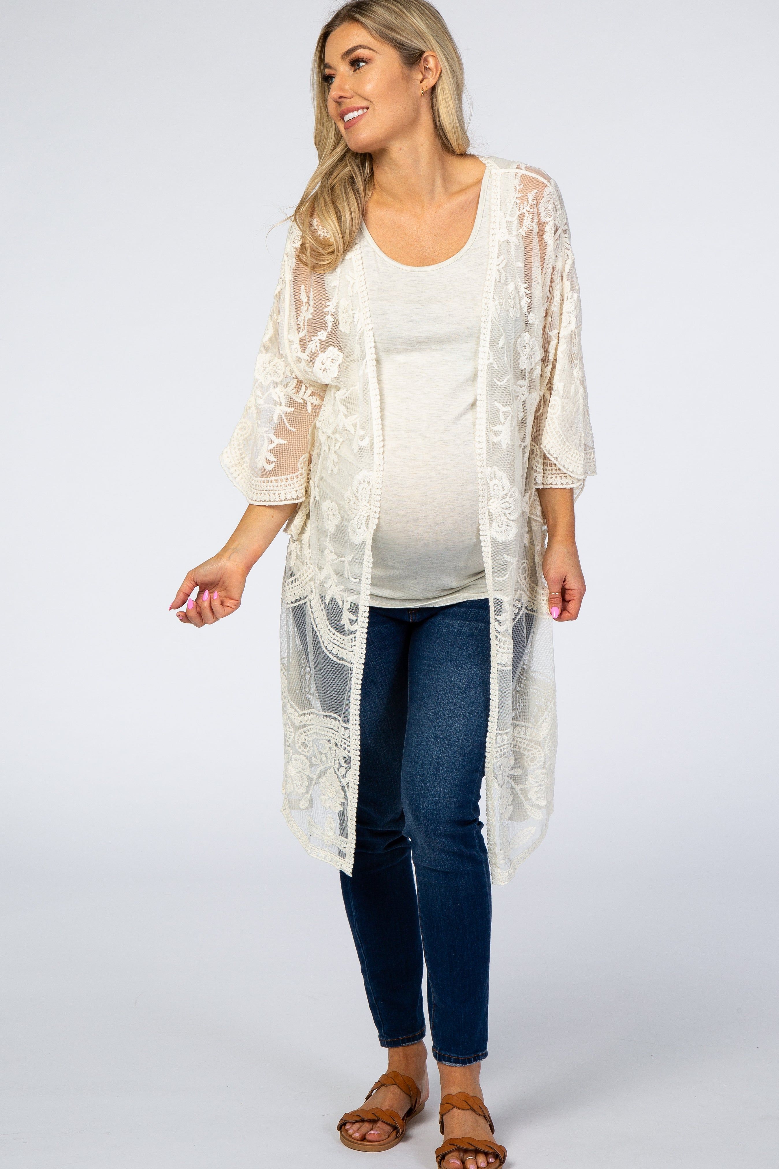 White Lace 3/4 Sleeve Maternity Cover Up sold by Pinkblush