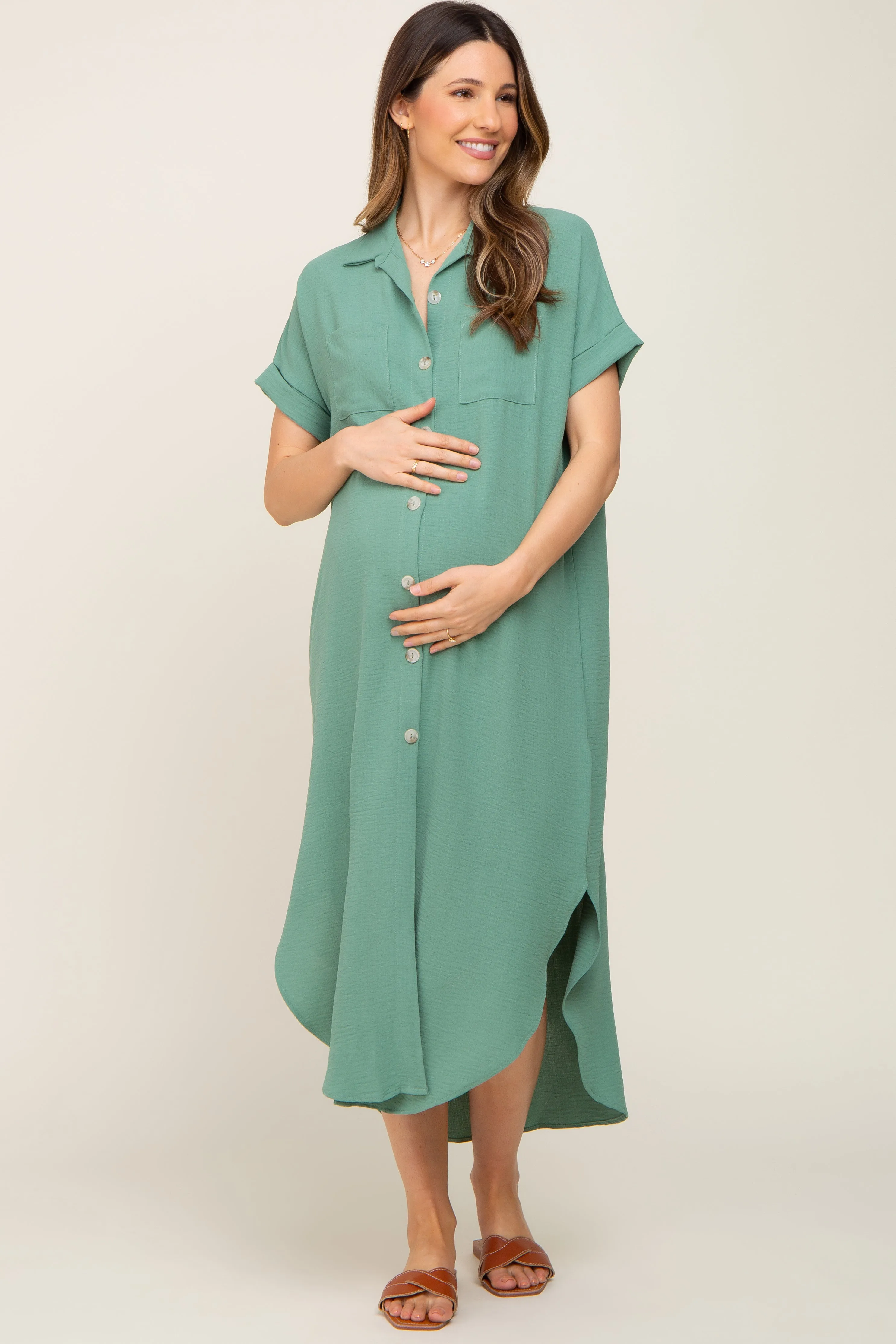 Green Button Down Hi Low Maternity Maxi Dress sold by Pinkblush product image thumbnail 4
