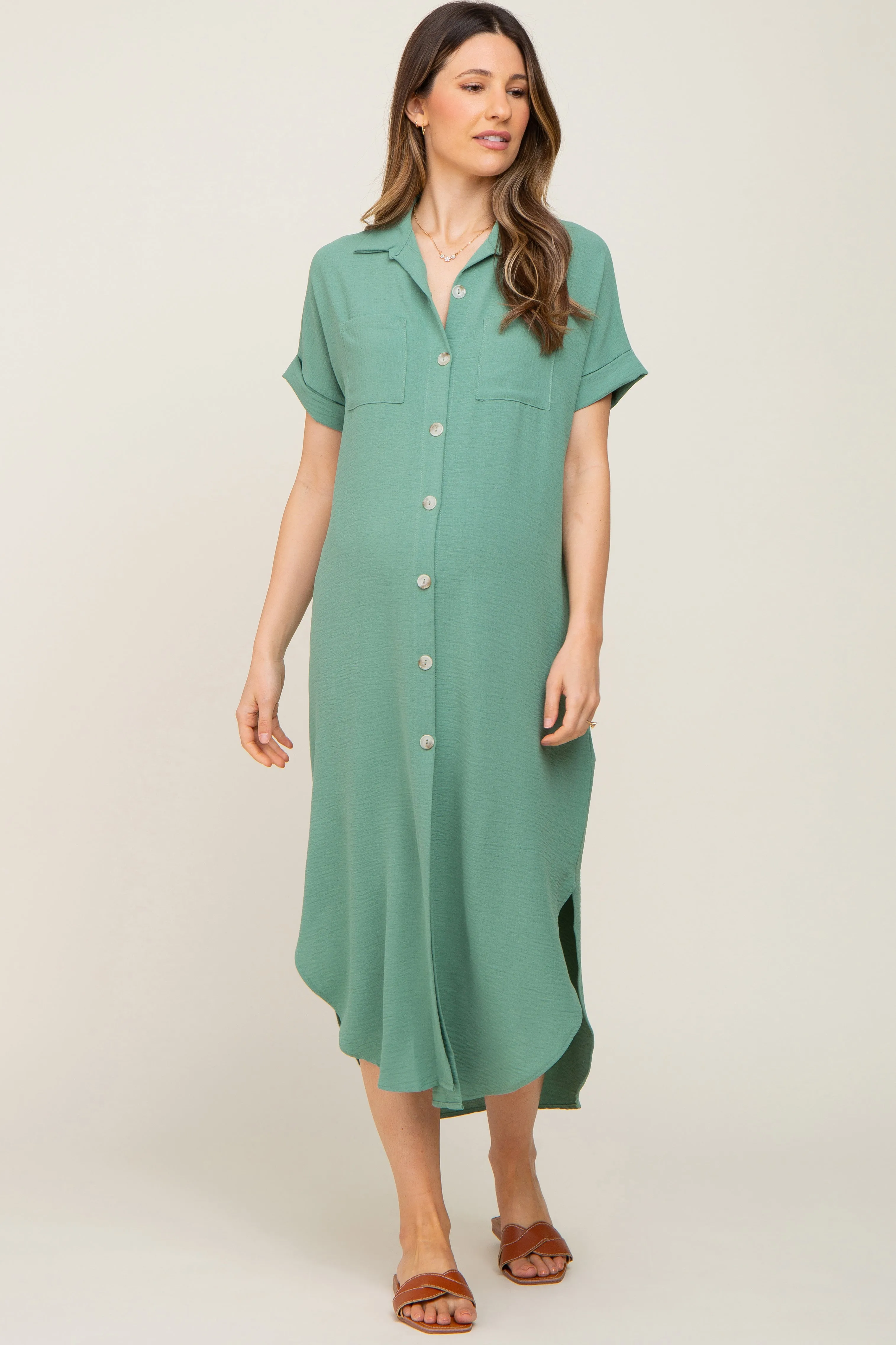 Green Button Down Hi Low Maternity Maxi Dress sold by Pinkblush