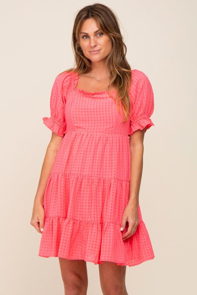 Coral Plaid Square Ruffle Neck Tiered Maternity Dress sold by Pinkblush product image thumbnail 5