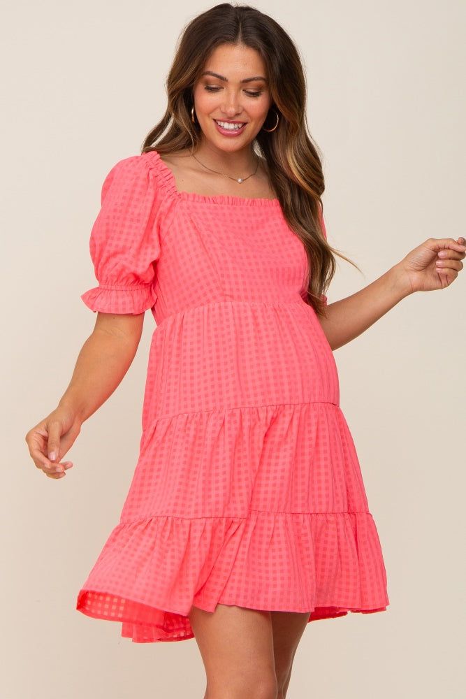 Coral Plaid Square Ruffle Neck Tiered Maternity Dress sold by Pinkblush product image thumbnail 2