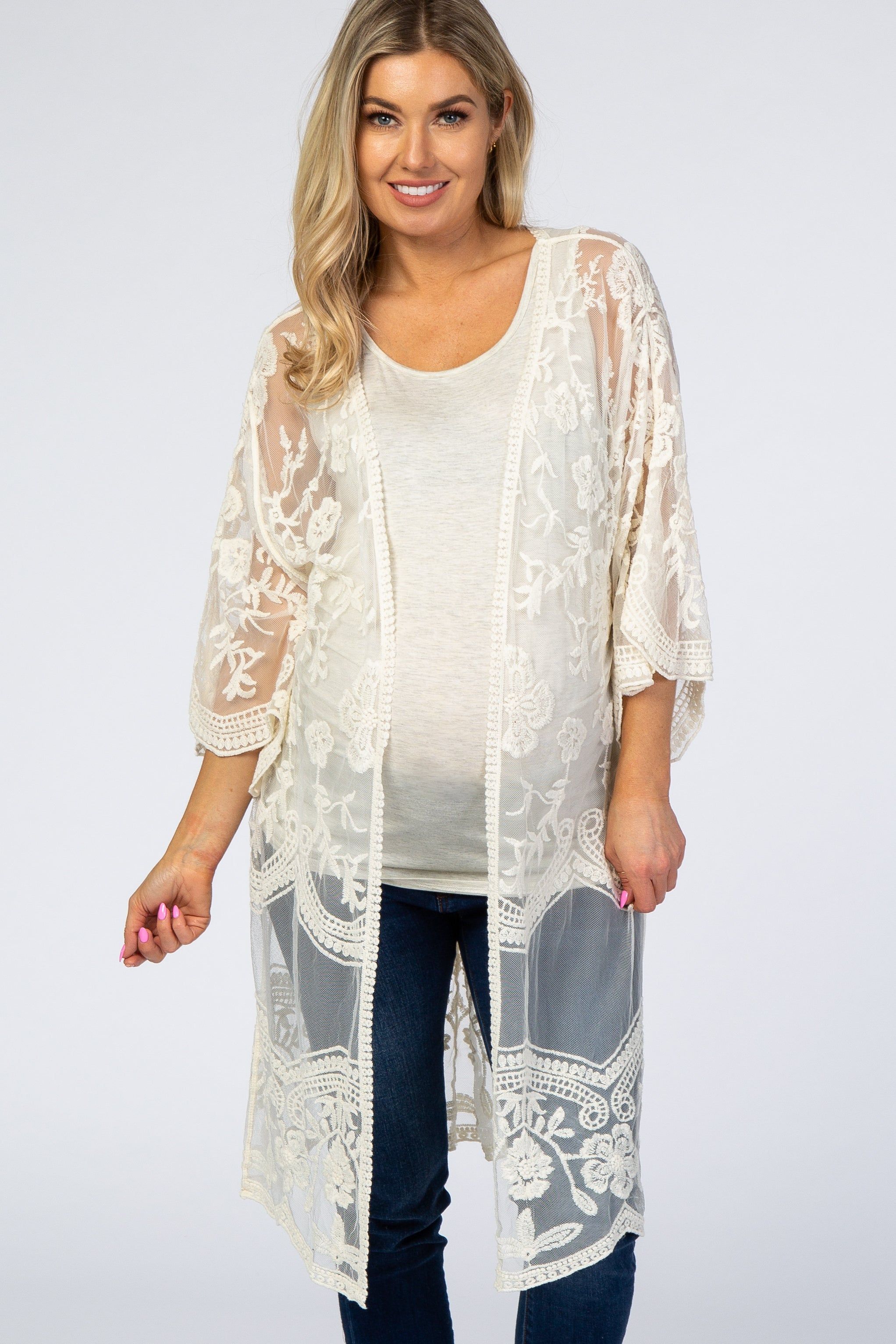 White Lace 3/4 Sleeve Maternity Cover Up sold by Pinkblush product image thumbnail 2