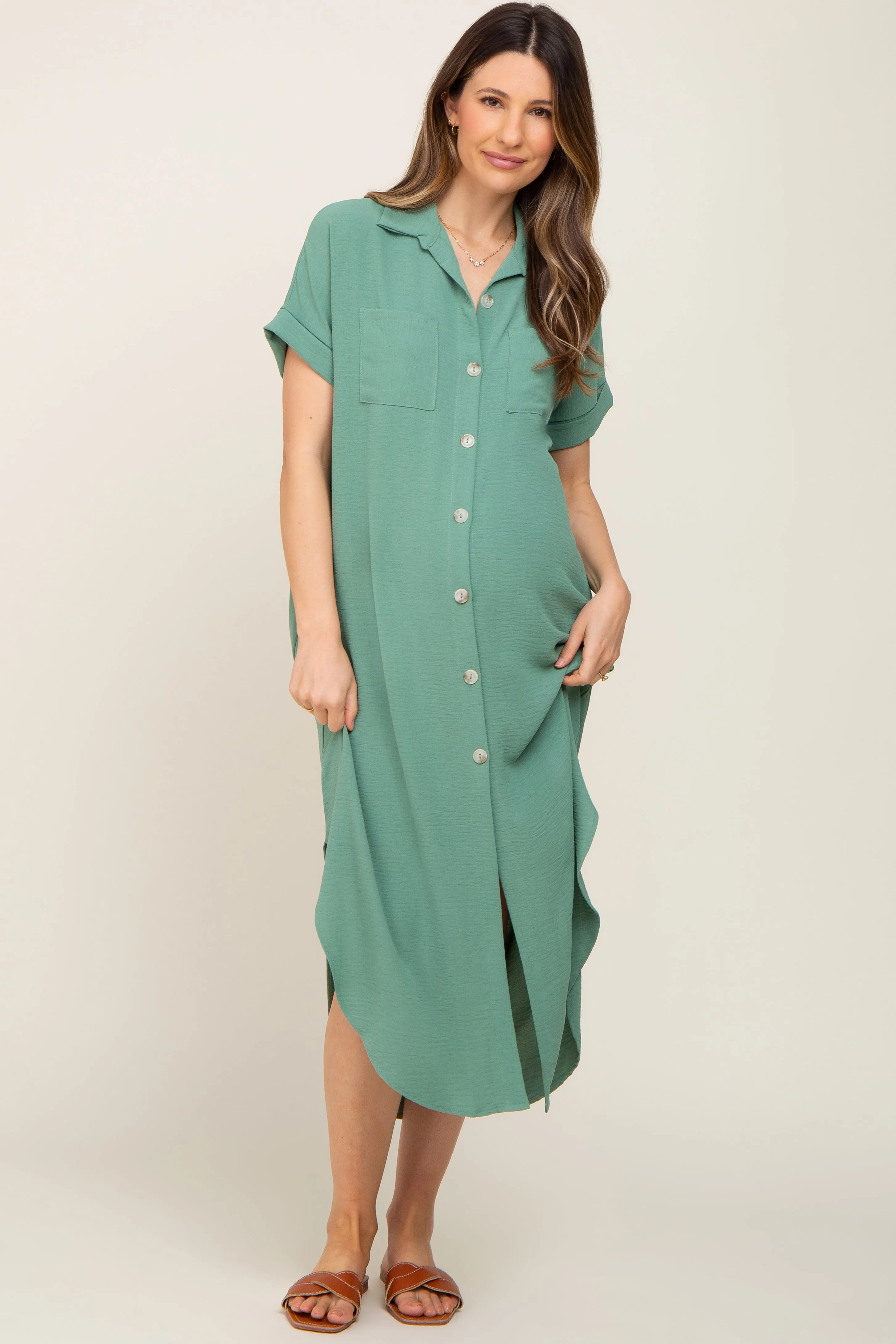 Green Button Down Hi Low Maternity Maxi Dress sold by Pinkblush product image thumbnail 5