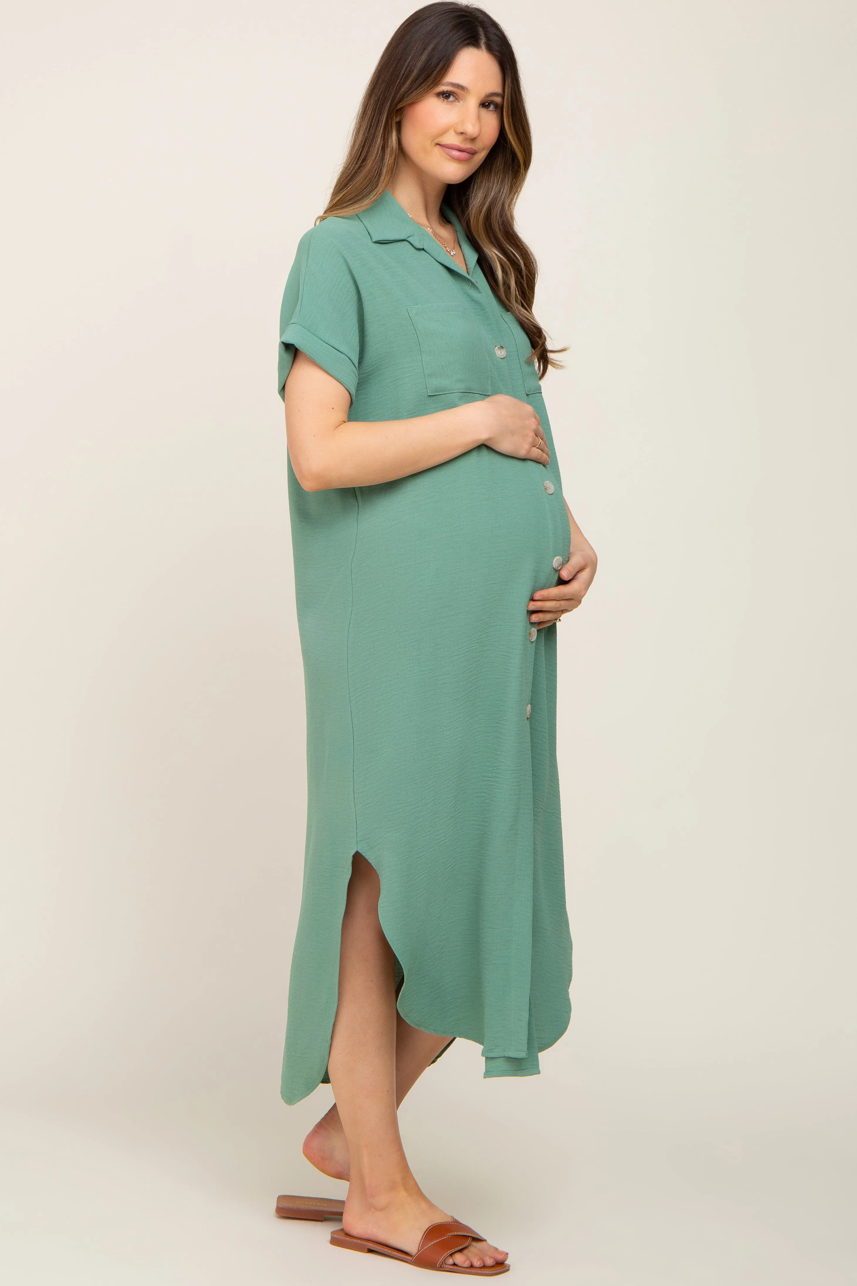 Green Button Down Hi Low Maternity Maxi Dress sold by Pinkblush product image thumbnail 2